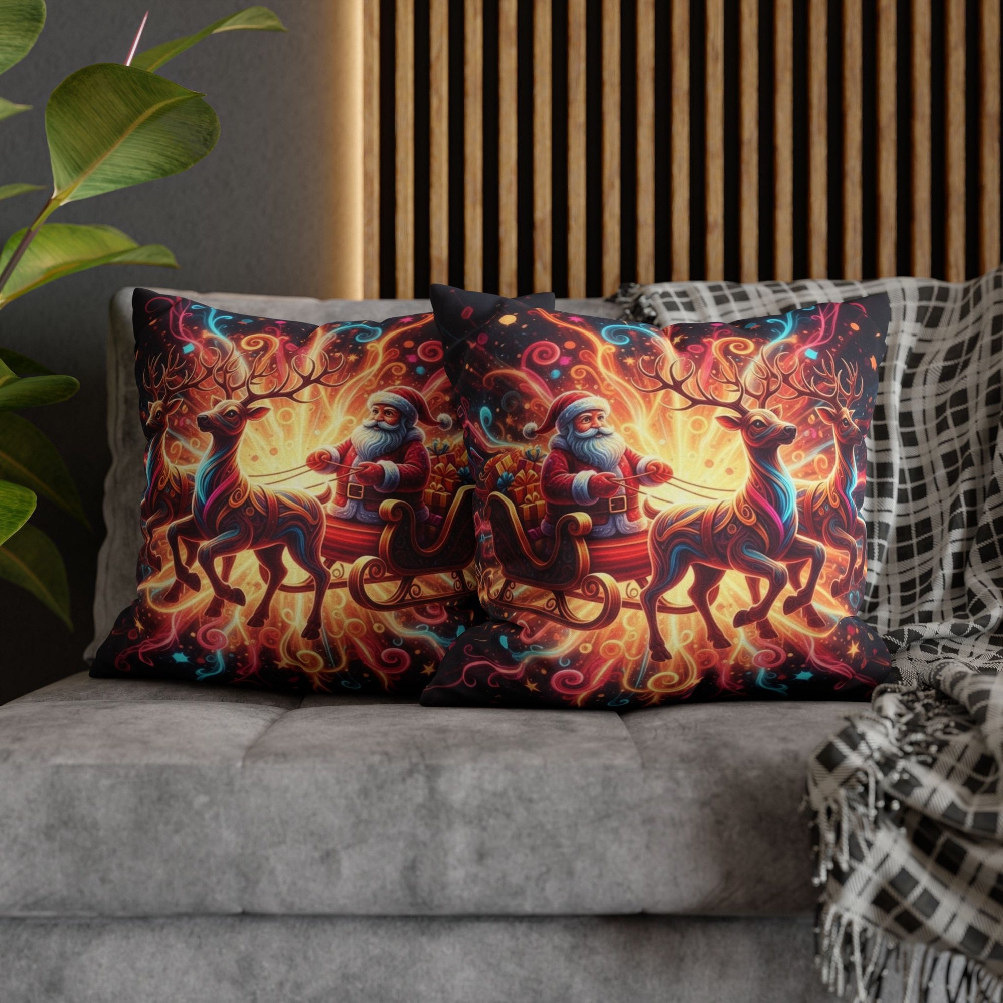 Santa Sleigh Throw Pillow | Christmas Reindeer Cushion