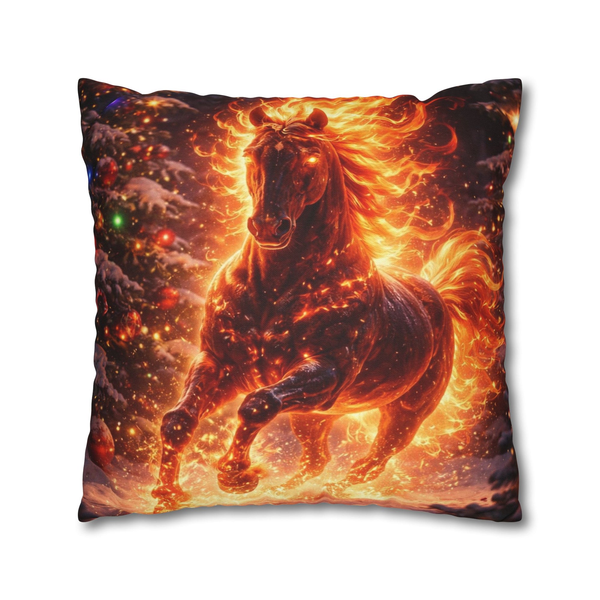 Fiery Winter Steed Decorative Pillow | Enchanted Christmas Horse Cushion | Cozy Home Decor