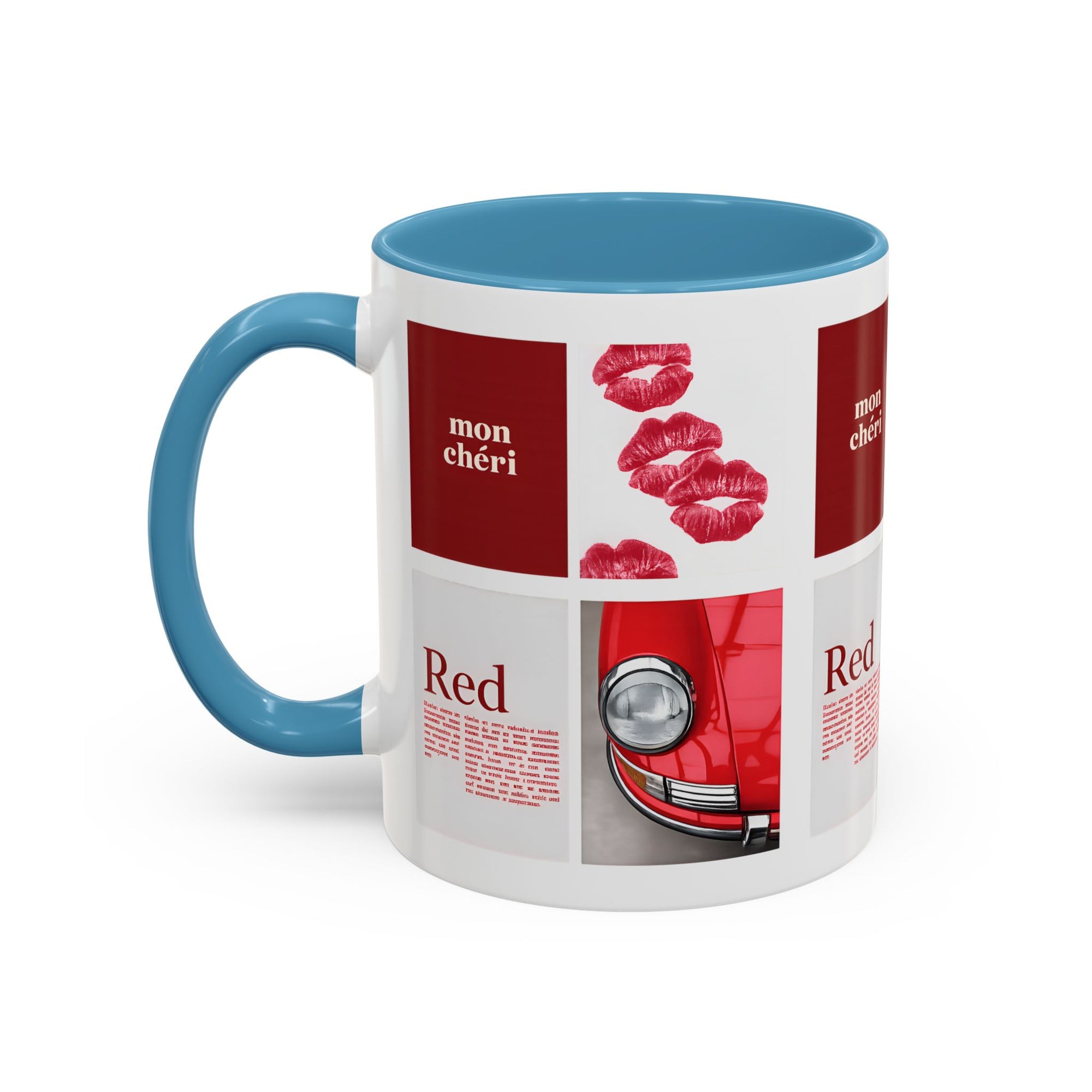 Red Mug | Vintage Car & Kiss Print Coffee Cup | Colorful Ceramic