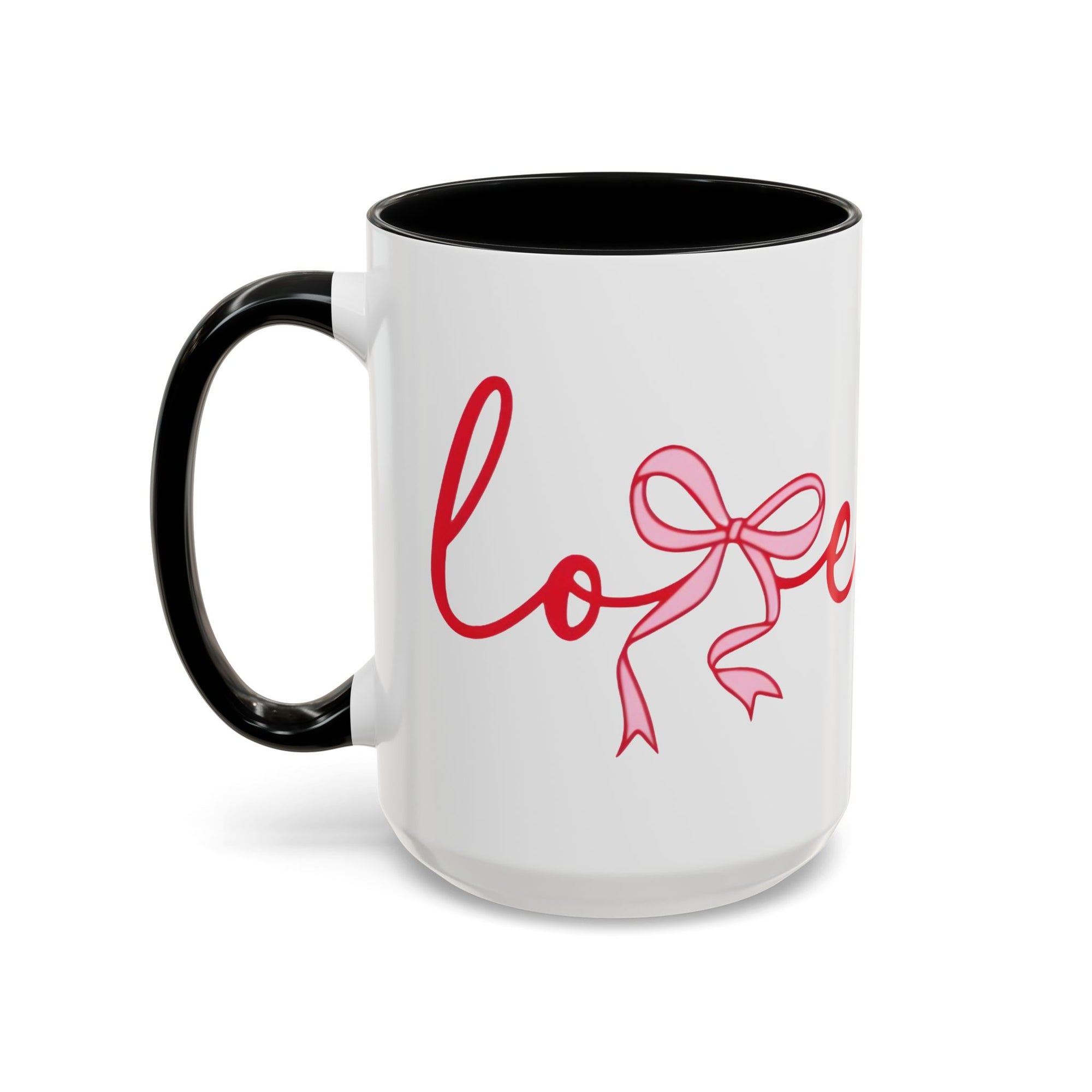 Romantic Love Mug | White Ceramic Coffee Cup with Red Bow Design, Colored Handle