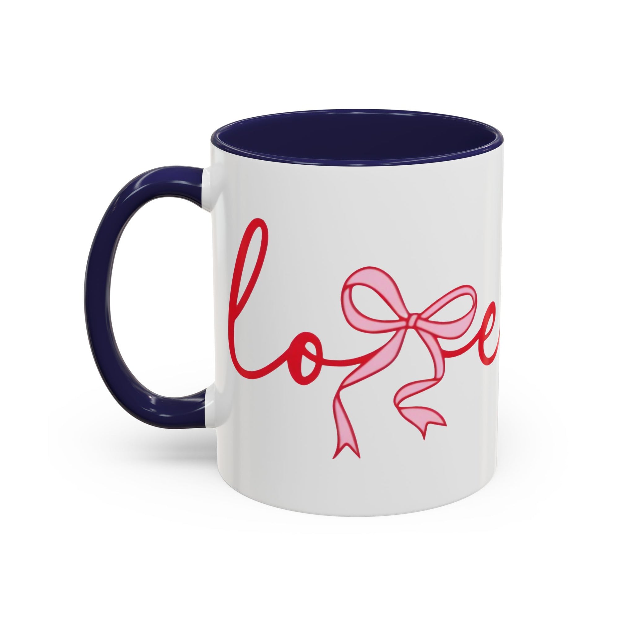 Romantic Love Mug | White Ceramic Coffee Cup with Red Bow Design, Colored Handle