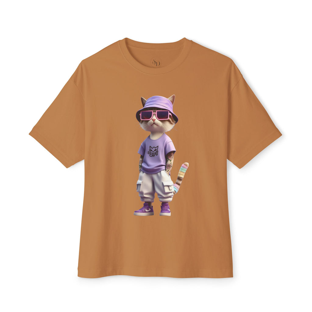 Cool Cat Graphic Oversized Tee – Purple Bucket Hat Streetwear T-Shirt