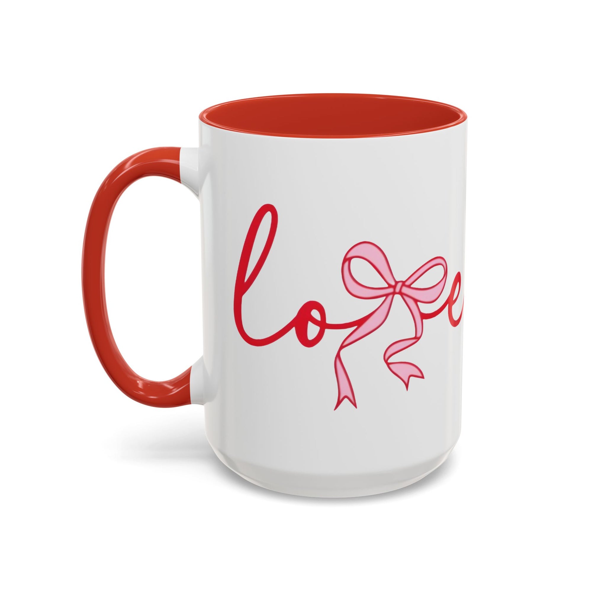 Romantic Love Mug | White Ceramic Coffee Cup with Red Bow Design, Colored Handle