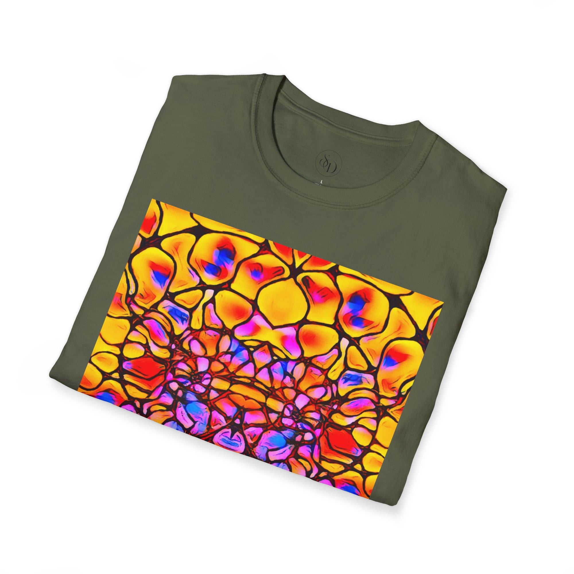 Energetic cotton t-shirt with vivid abstract design, radiates color, power, and inner fire
