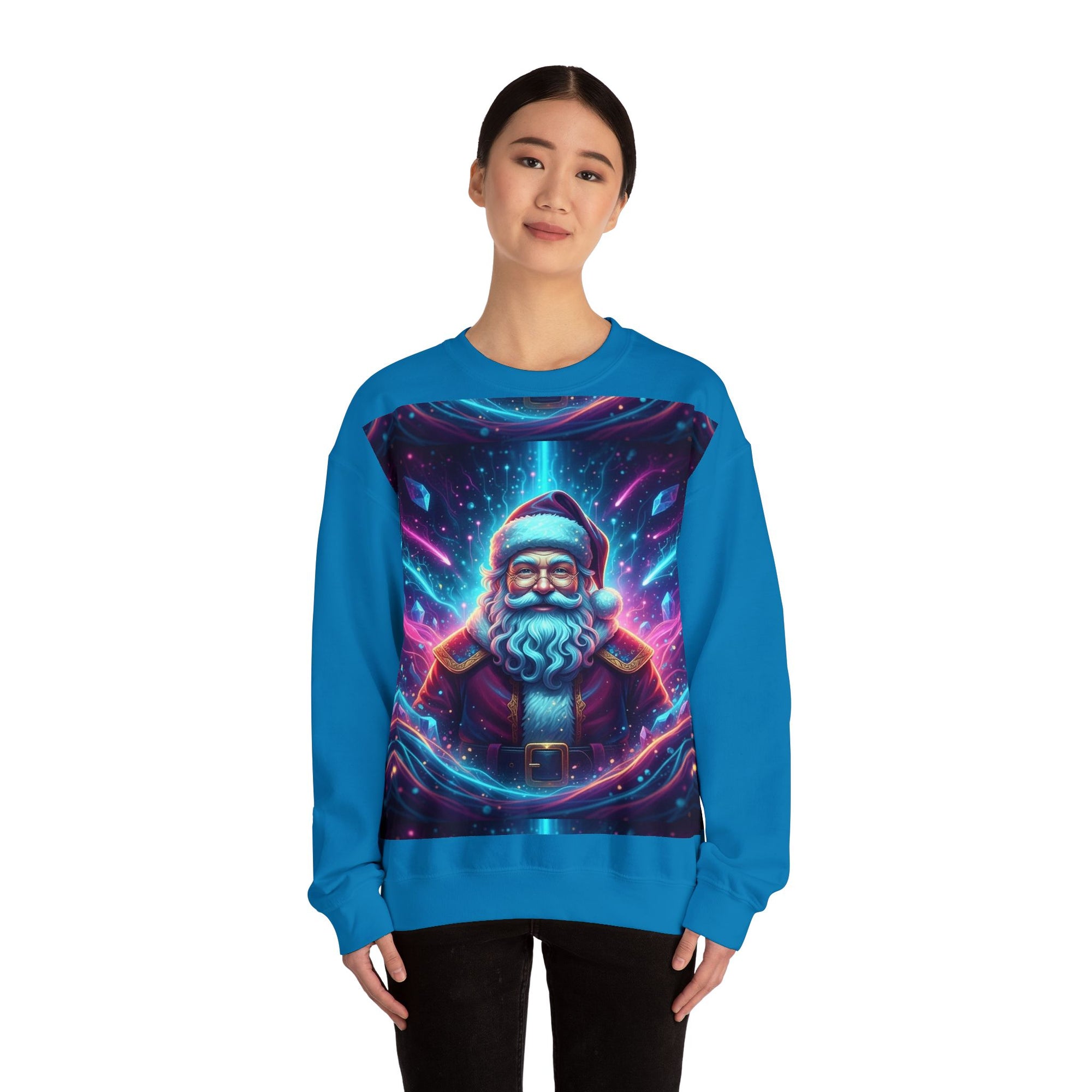 Neon Cosmic Santa Sweatshirt | Retro Futuristic Holiday Crew