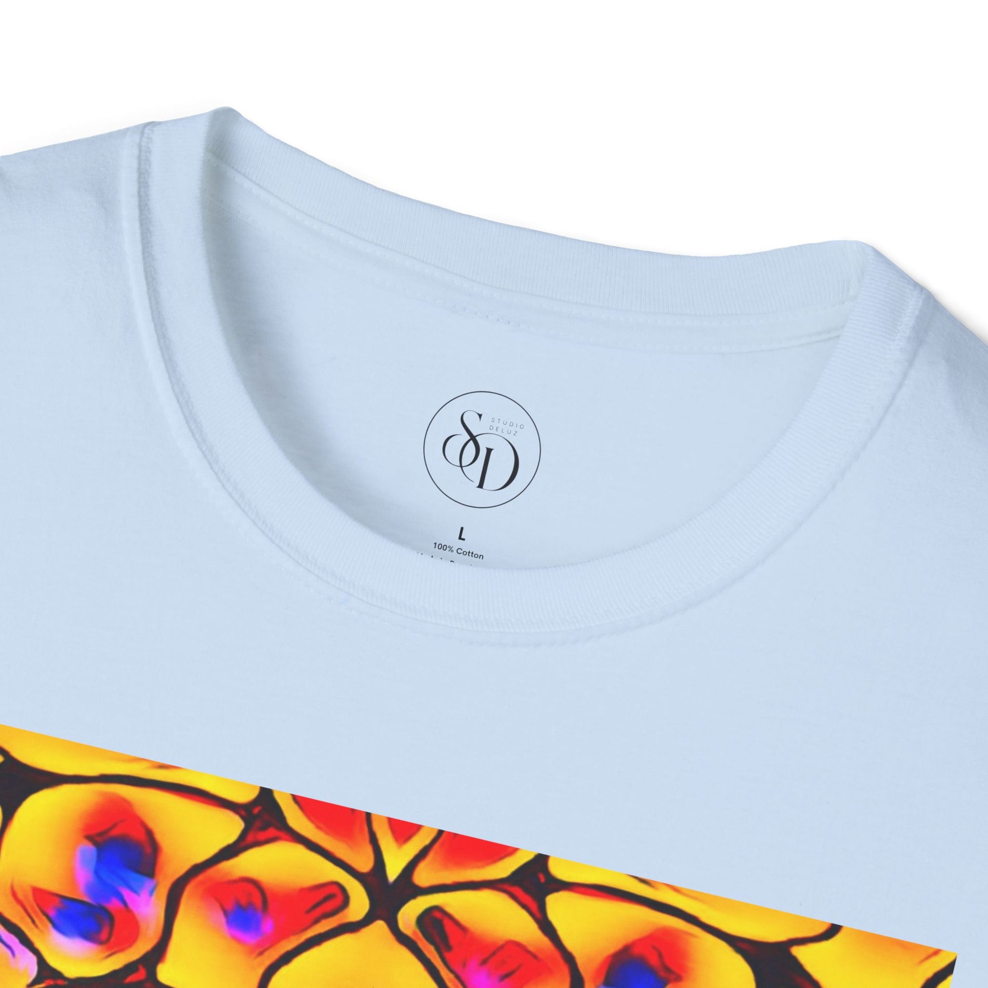 Energetic cotton t-shirt with vivid abstract design, radiates color, power, and inner fire