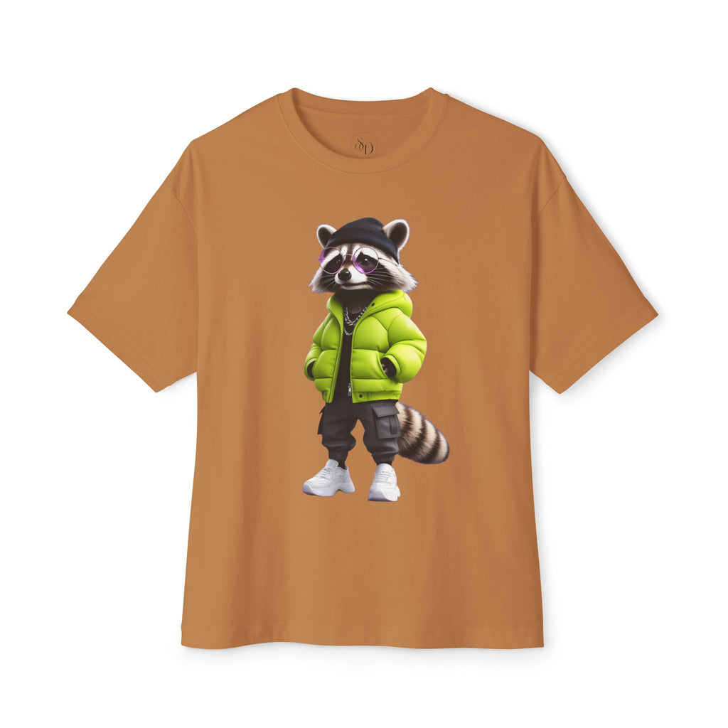 Raccoon Streetwear Tee — Green Puffer Jacket Graphic Oversized T-Shirt