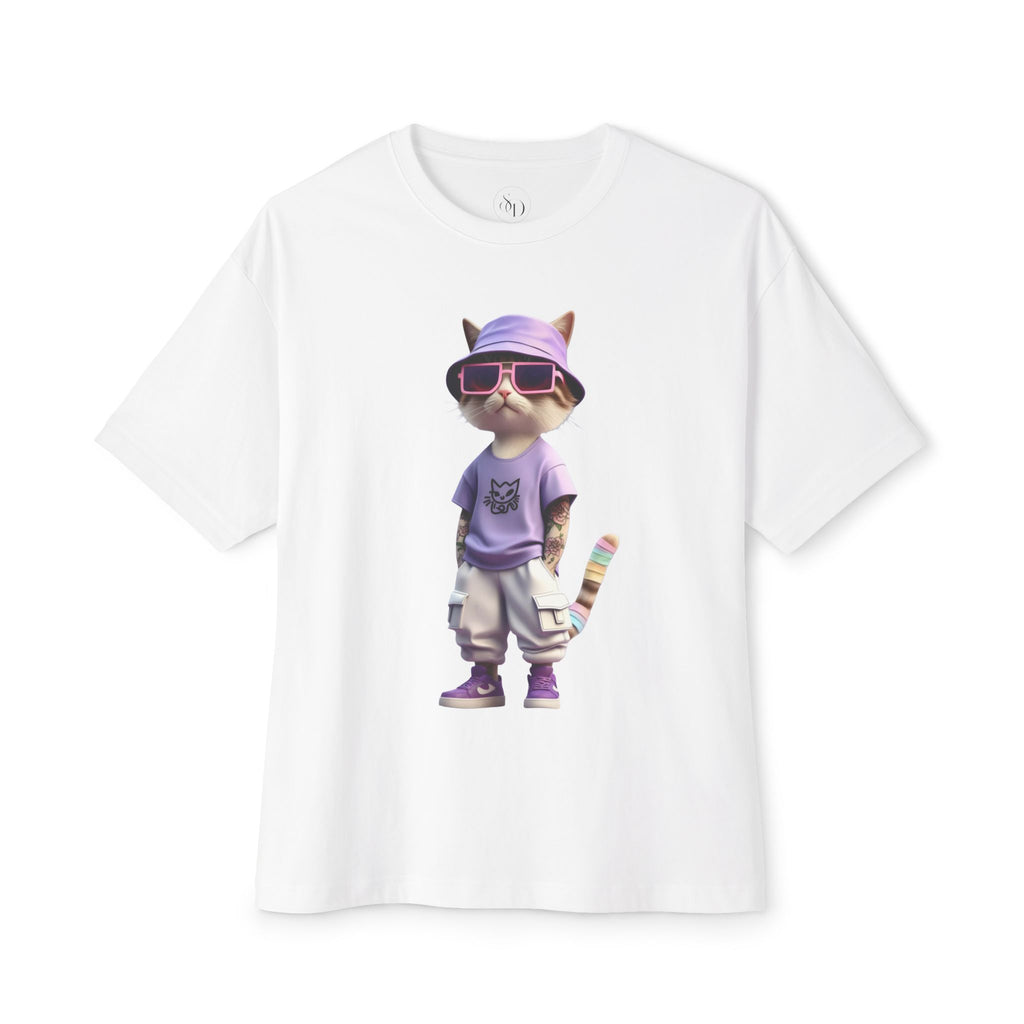 Cool Cat Graphic Oversized Tee – Purple Bucket Hat Streetwear T-Shirt