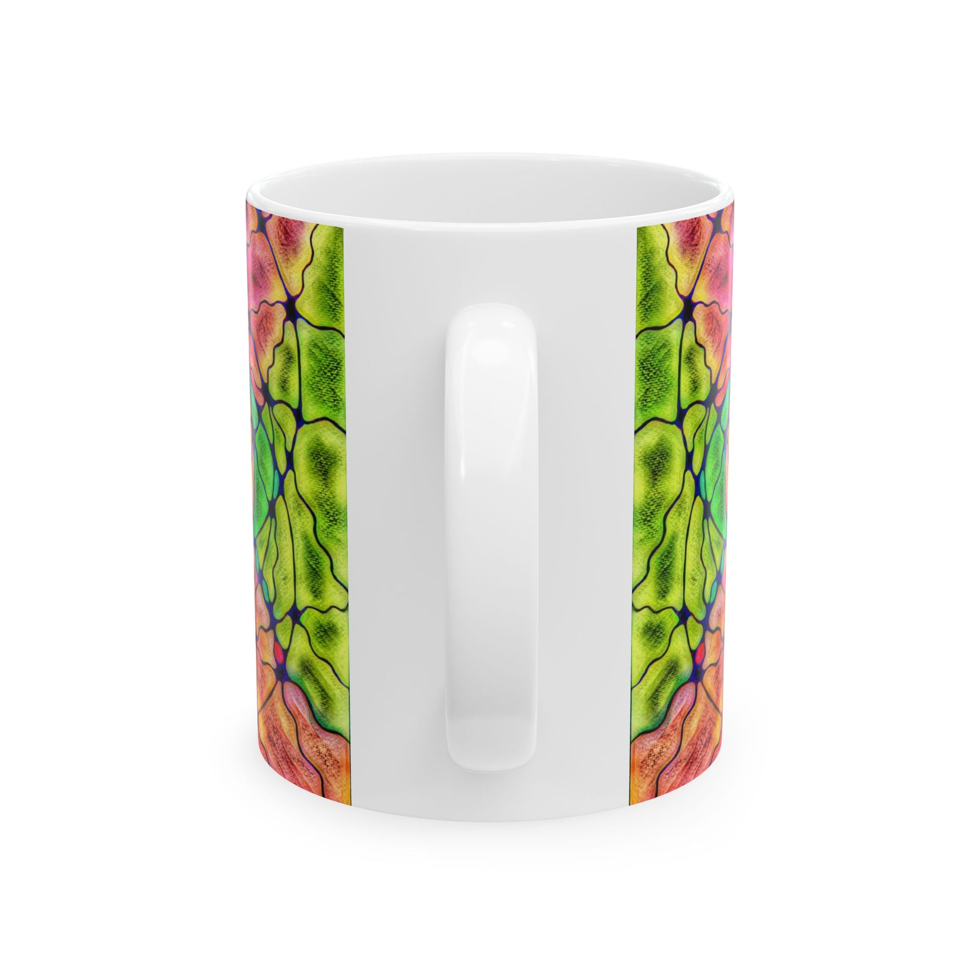 Colorful abstract ceramic mug with multicolor pattern, perfect for coffee or tea lovers, a modern kitchen accent and a unique artistic gift.