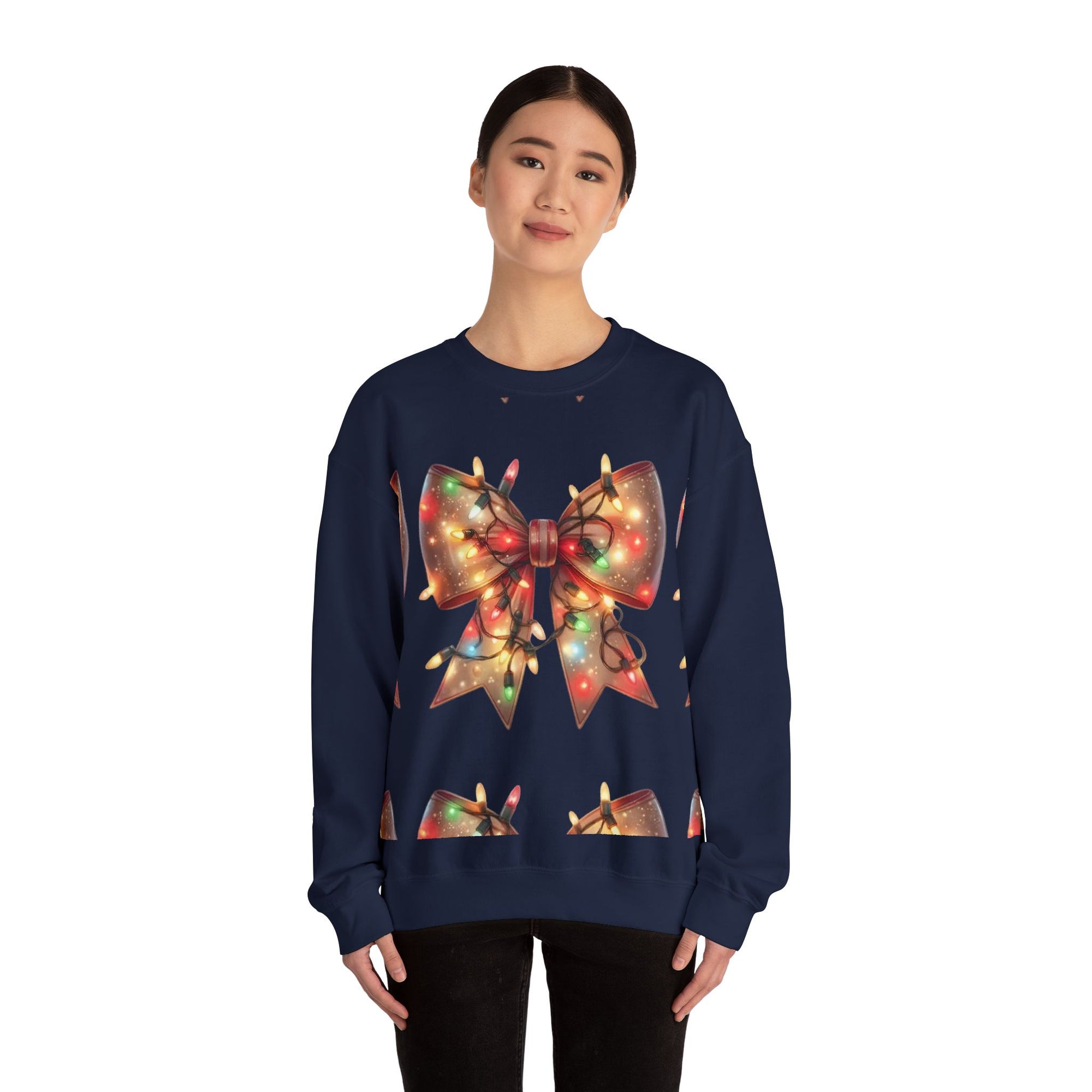 Festive Christmas Bow Sweatshirt | Holiday Lights Ribbon Pullover