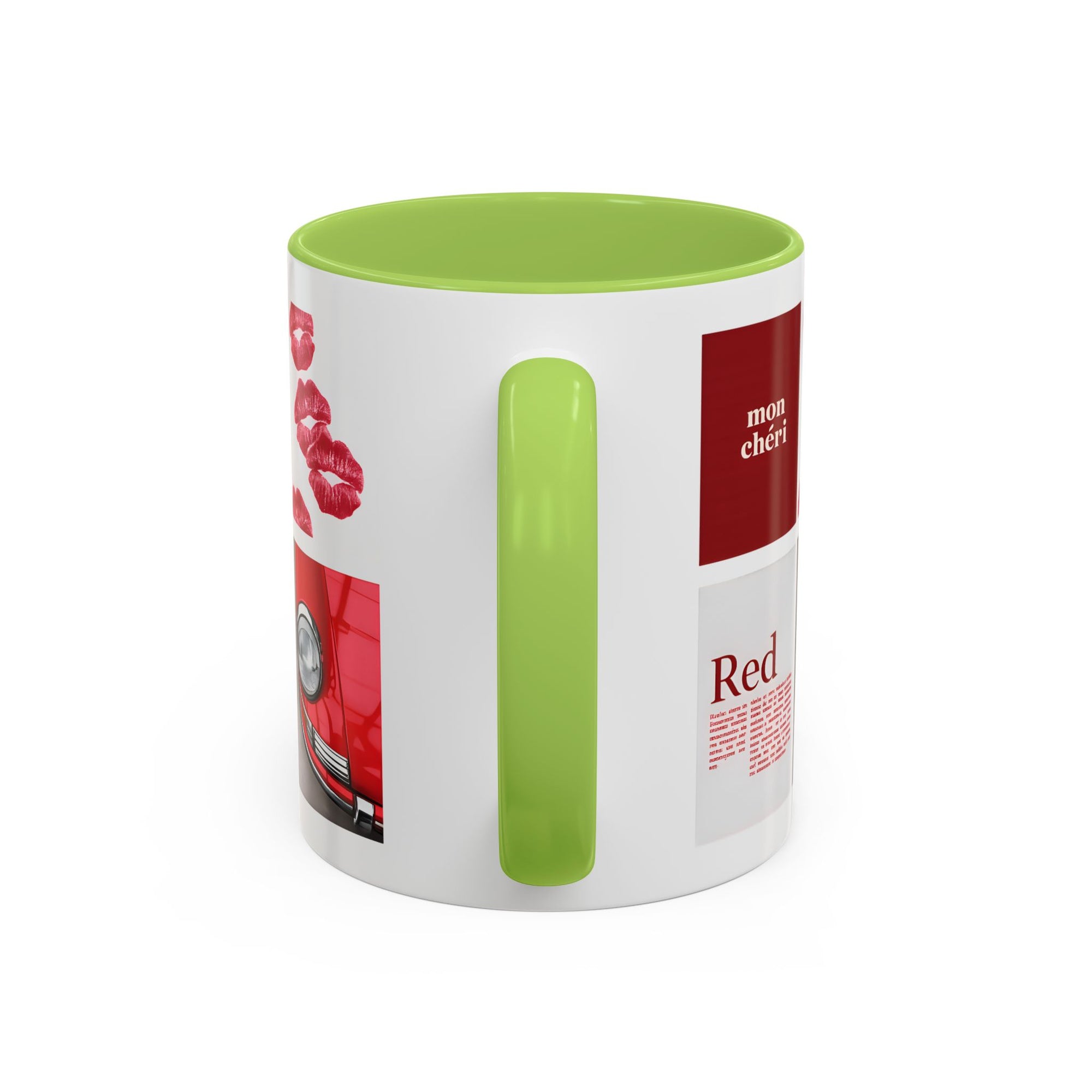 Red Mug | Vintage Car & Kiss Print Coffee Cup | Colorful Ceramic