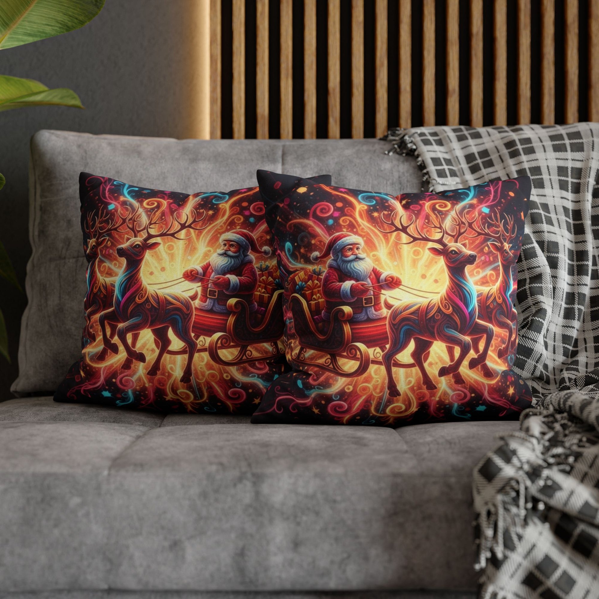 Santa Sleigh Throw Pillow | Christmas Reindeer Cushion