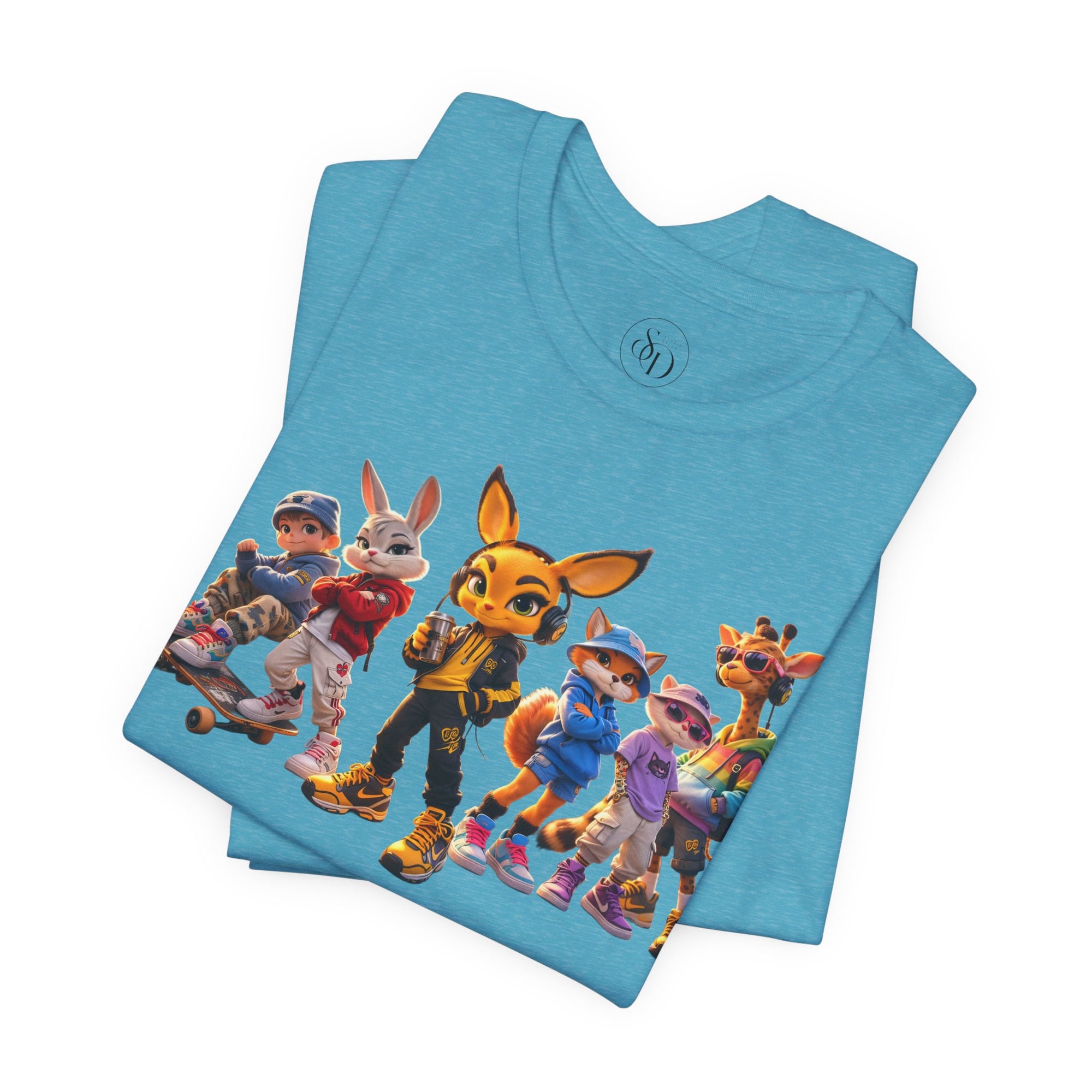 Anthropomorphic Skate Crew T-Shirt | Cartoon Fox, Bunny, Giraffe Characters