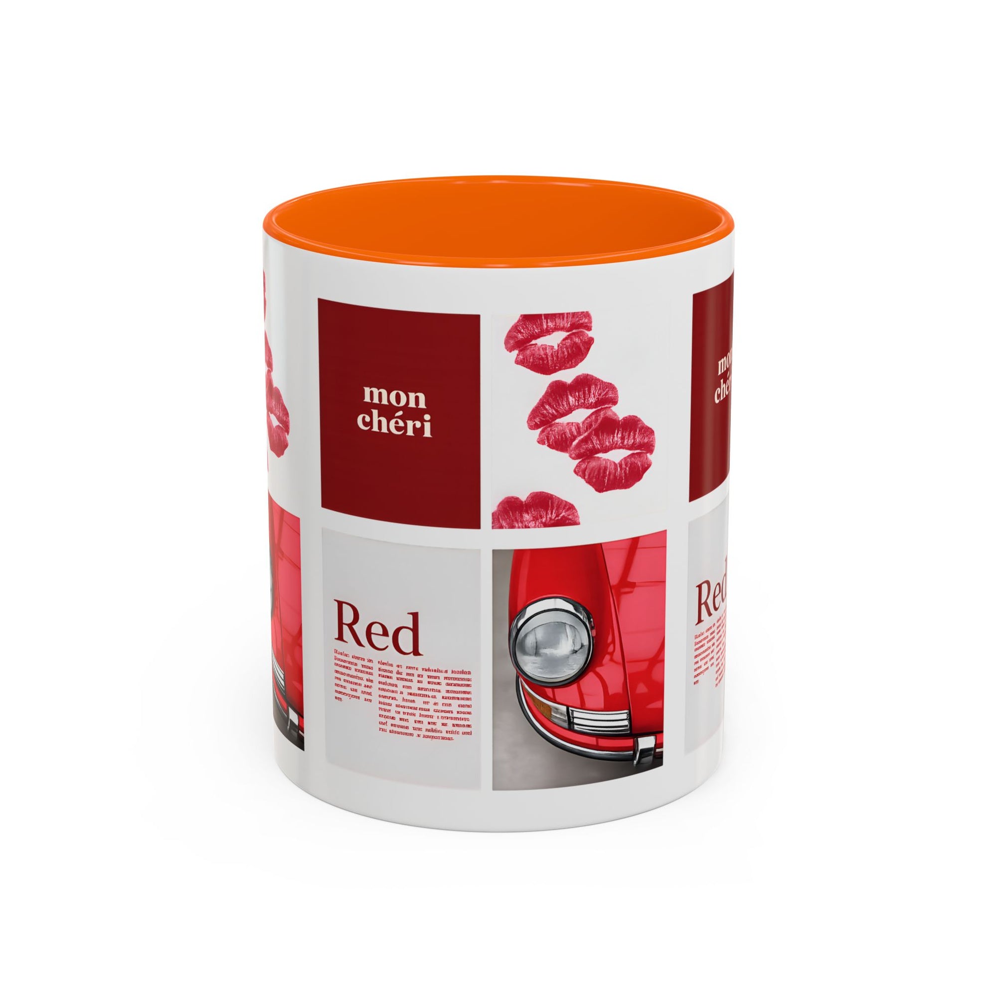 Red Mug | Vintage Car & Kiss Print Coffee Cup | Colorful Ceramic