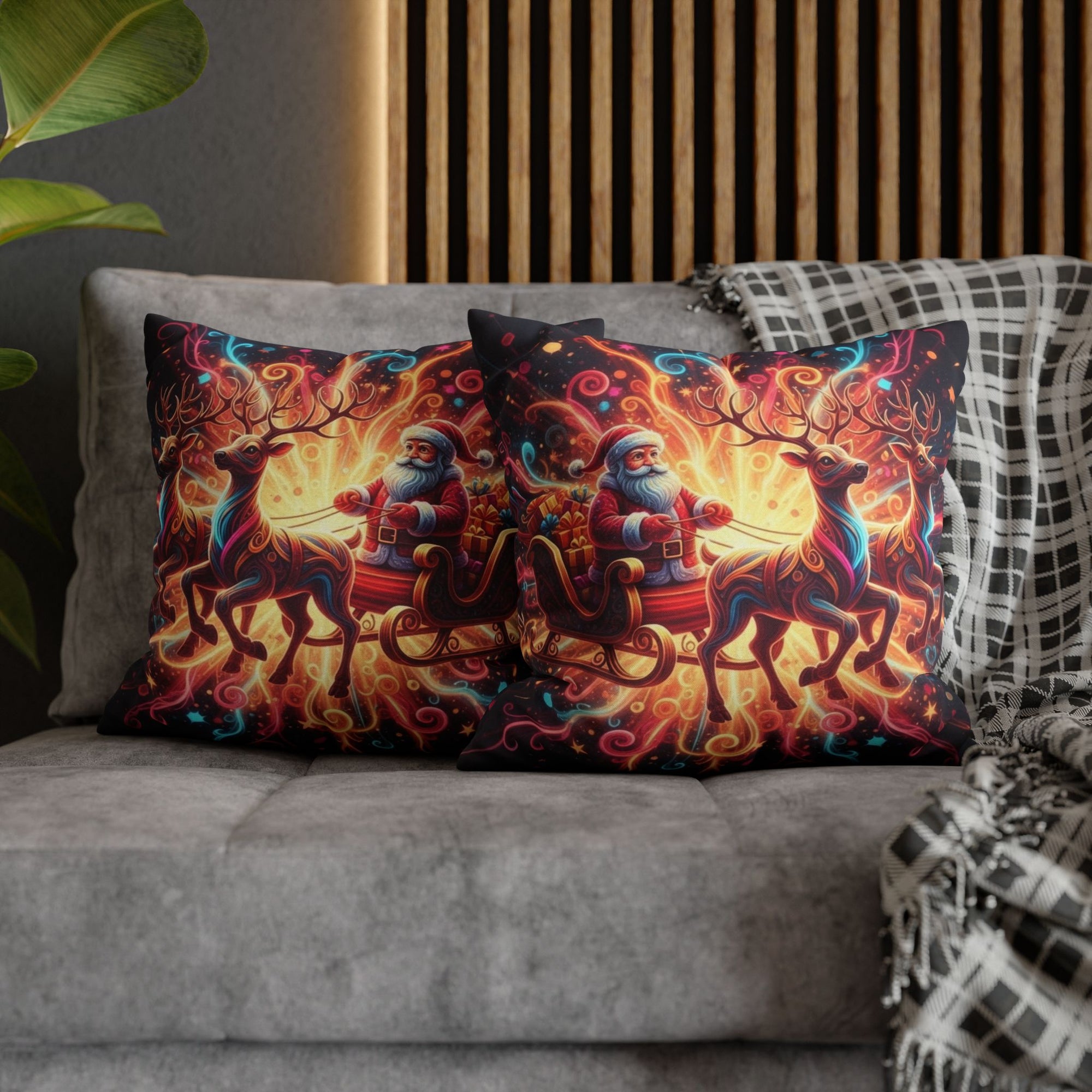 Santa Sleigh Throw Pillow | Christmas Reindeer Cushion