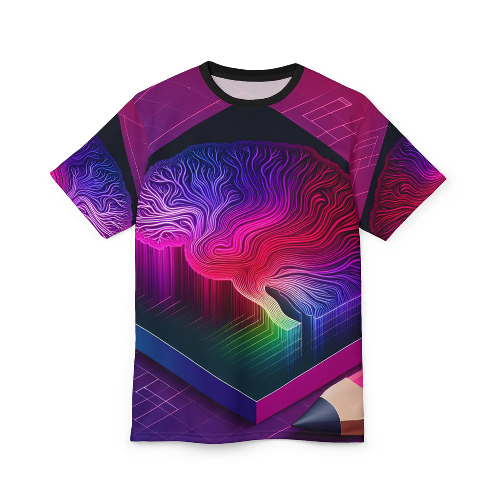 Cybernetic Mind Abstract Unisex Tee | Neon Brain Sci-Fi All-Over Print Shirt