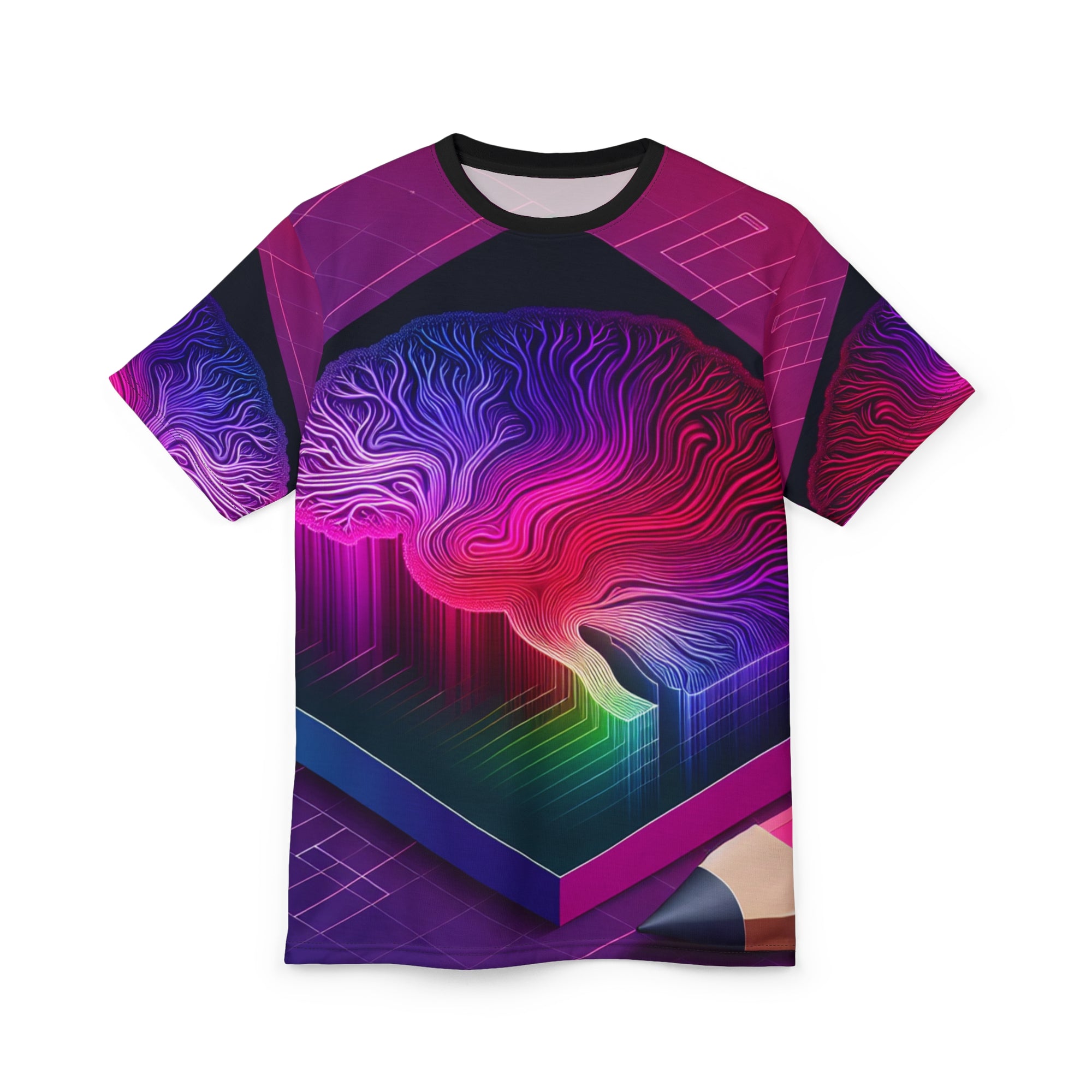 Cybernetic Mind Abstract Unisex Tee | Neon Brain Sci-Fi All-Over Print Shirt
