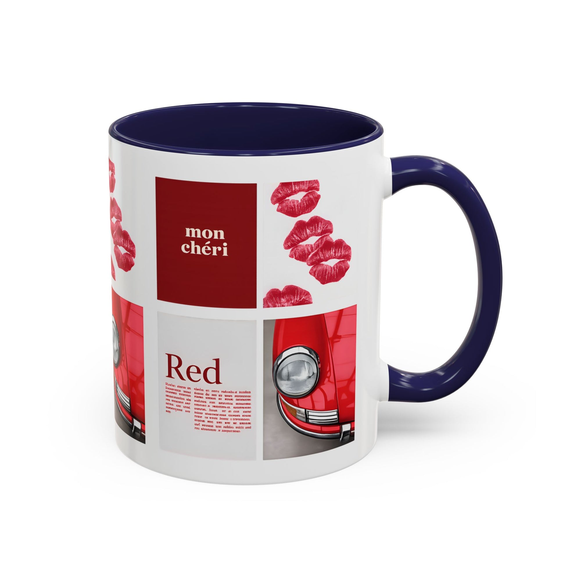 Red Mug | Vintage Car & Kiss Print Coffee Cup | Colorful Ceramic