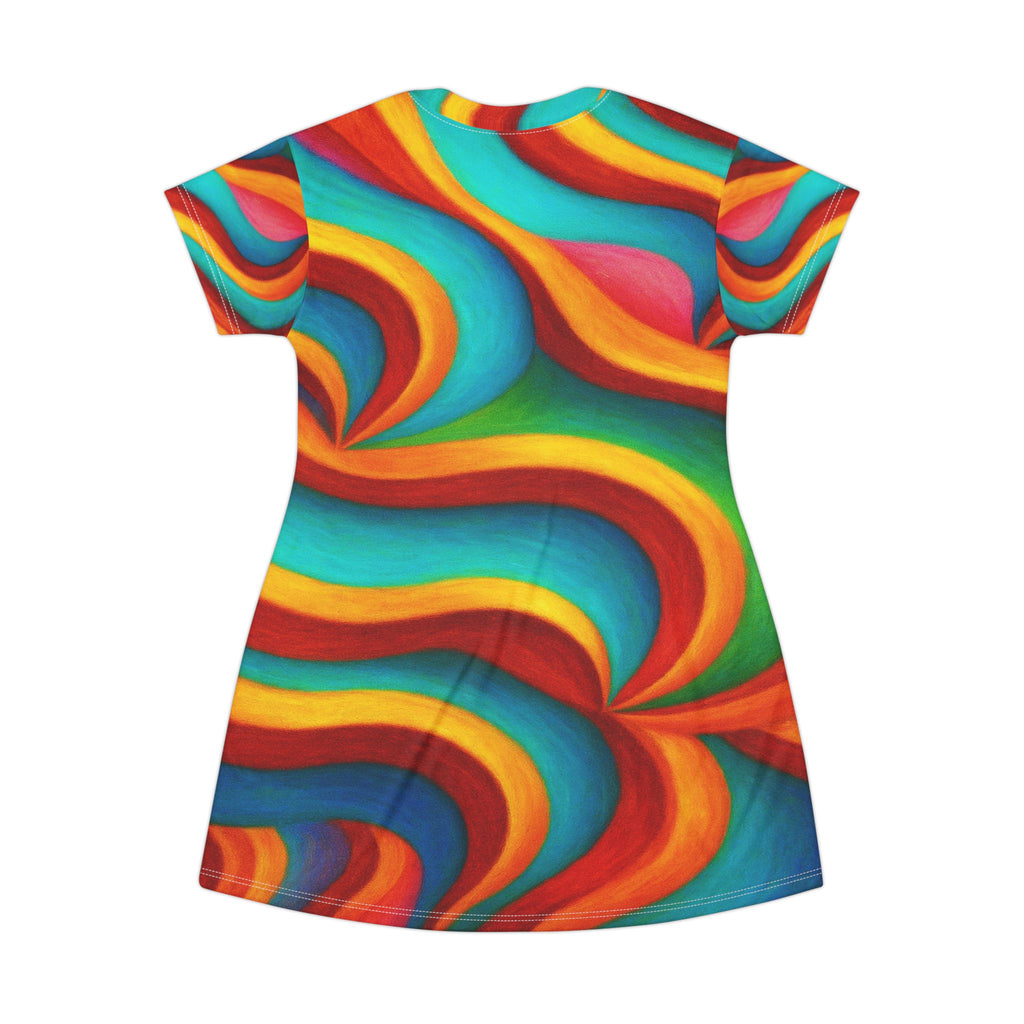 Vibrant Rainbow Wave T-Shirt Dress | Colorful Abstract Summer Outfit | Beach Party Wear