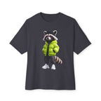 Raccoon Streetwear Tee — Green Puffer Jacket Graphic Oversized T-Shirt