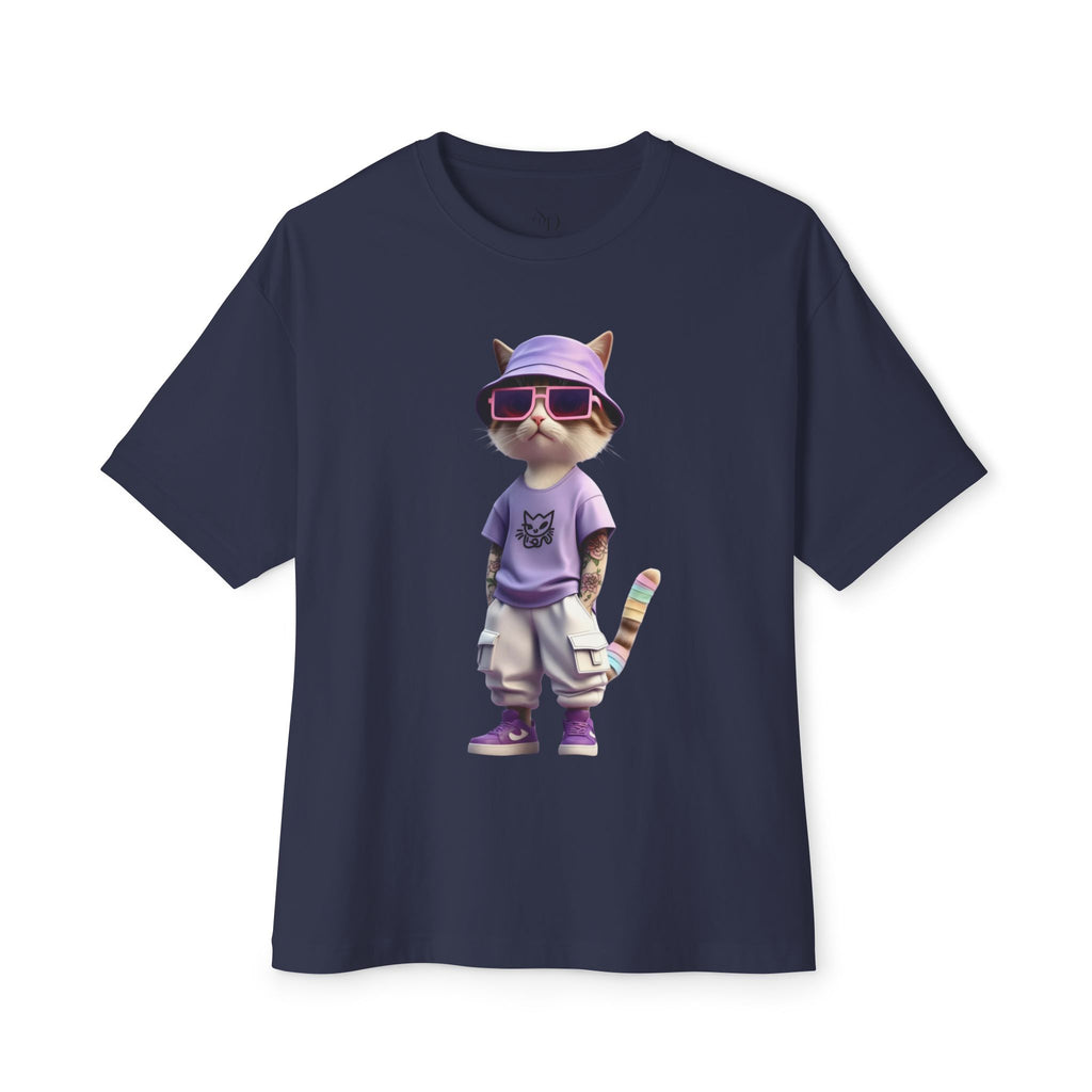 Cool Cat Graphic Oversized Tee – Purple Bucket Hat Streetwear T-Shirt