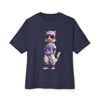 Cool Cat Graphic Oversized Tee – Purple Bucket Hat Streetwear T-Shirt