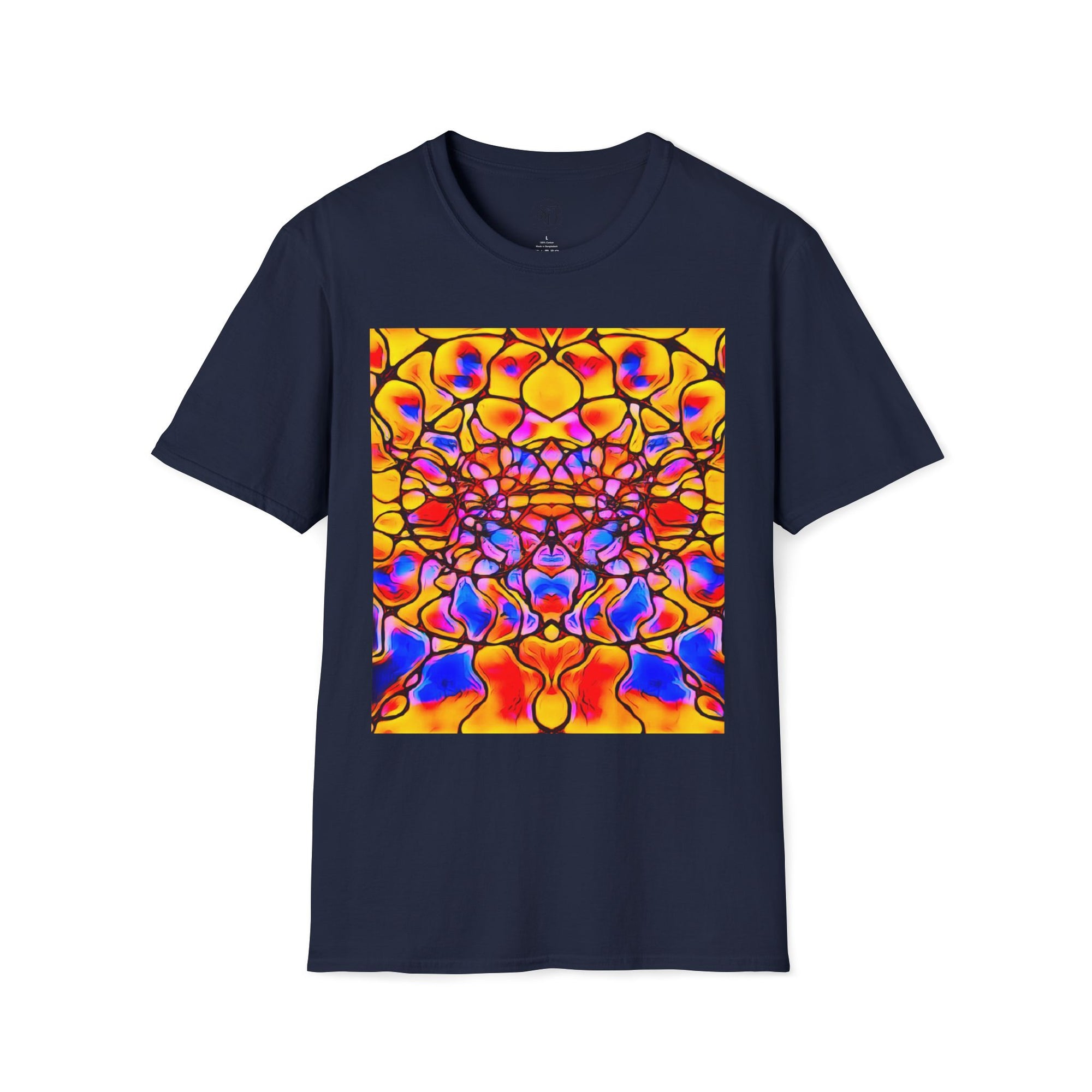 Energetic cotton t-shirt with vivid abstract design, radiates color, power, and inner fire
