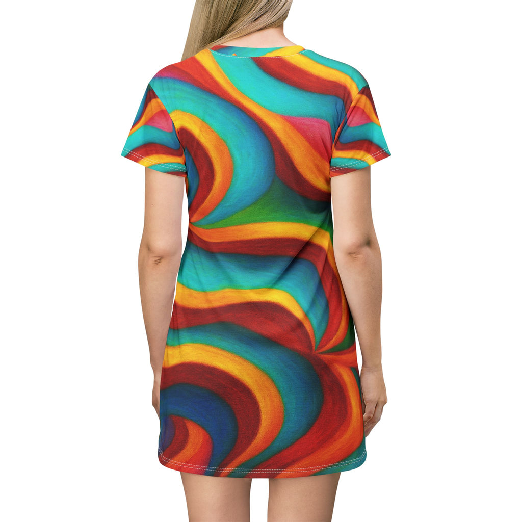 Vibrant Rainbow Wave T-Shirt Dress | Colorful Abstract Summer Outfit | Beach Party Wear