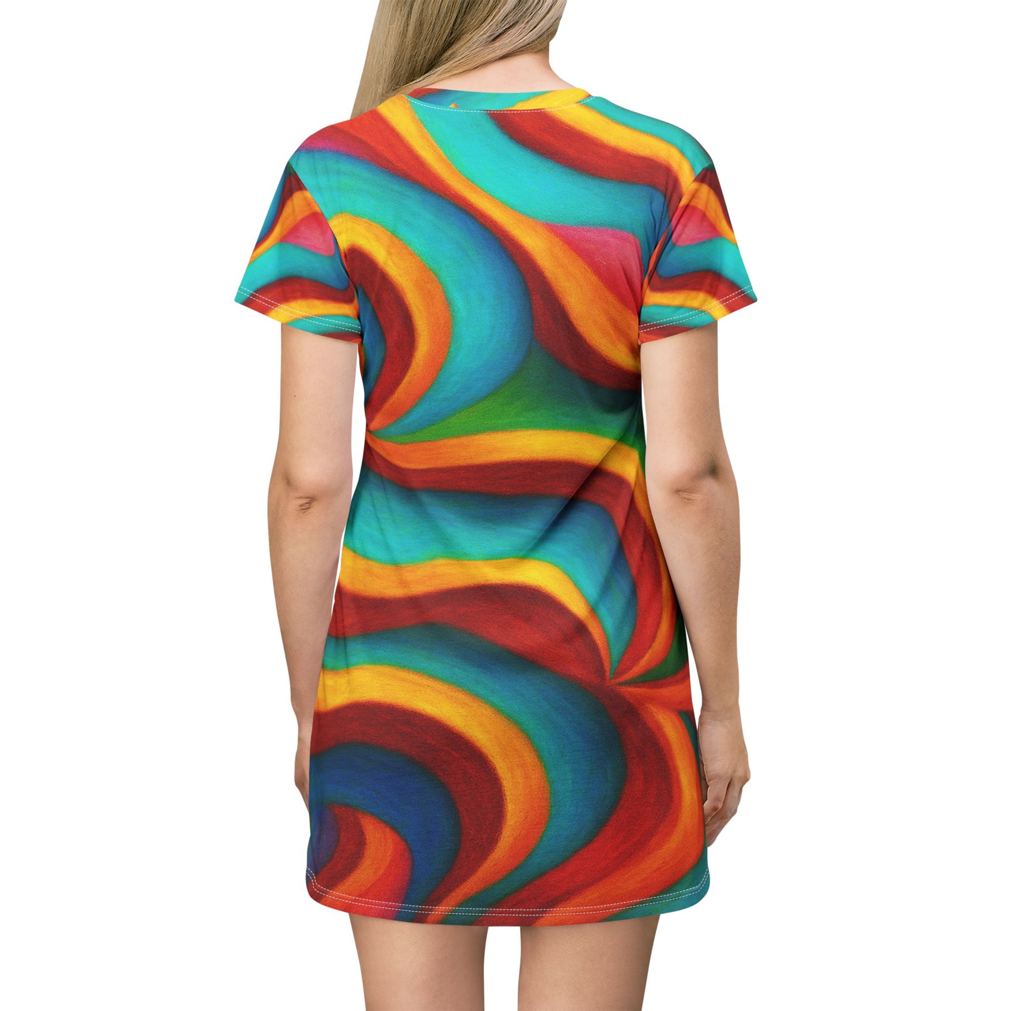 Vibrant Rainbow Wave T-Shirt Dress | Colorful Abstract Summer Outfit | Beach Party Wear