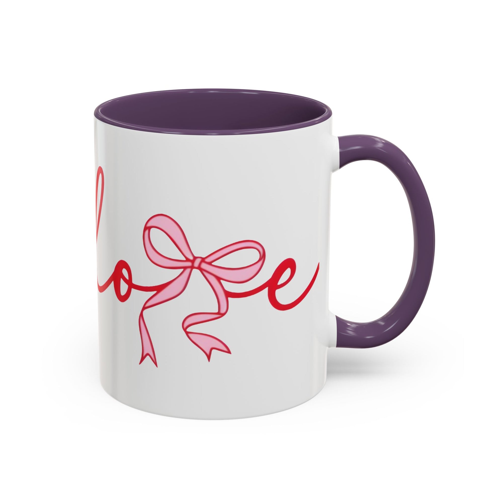 Romantic Love Mug | White Ceramic Coffee Cup with Red Bow Design, Colored Handle