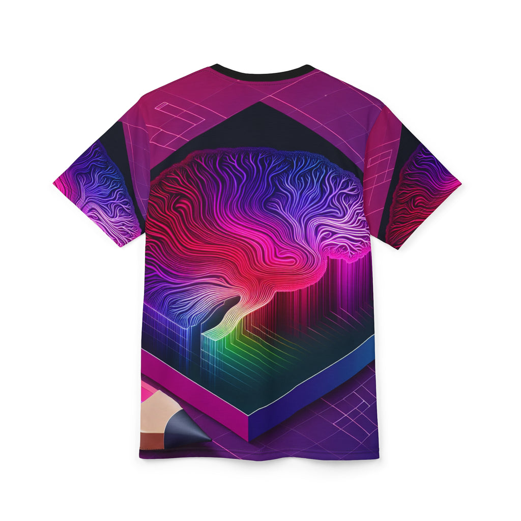 Cybernetic Mind Abstract Unisex Tee | Neon Brain Sci-Fi All-Over Print Shirt