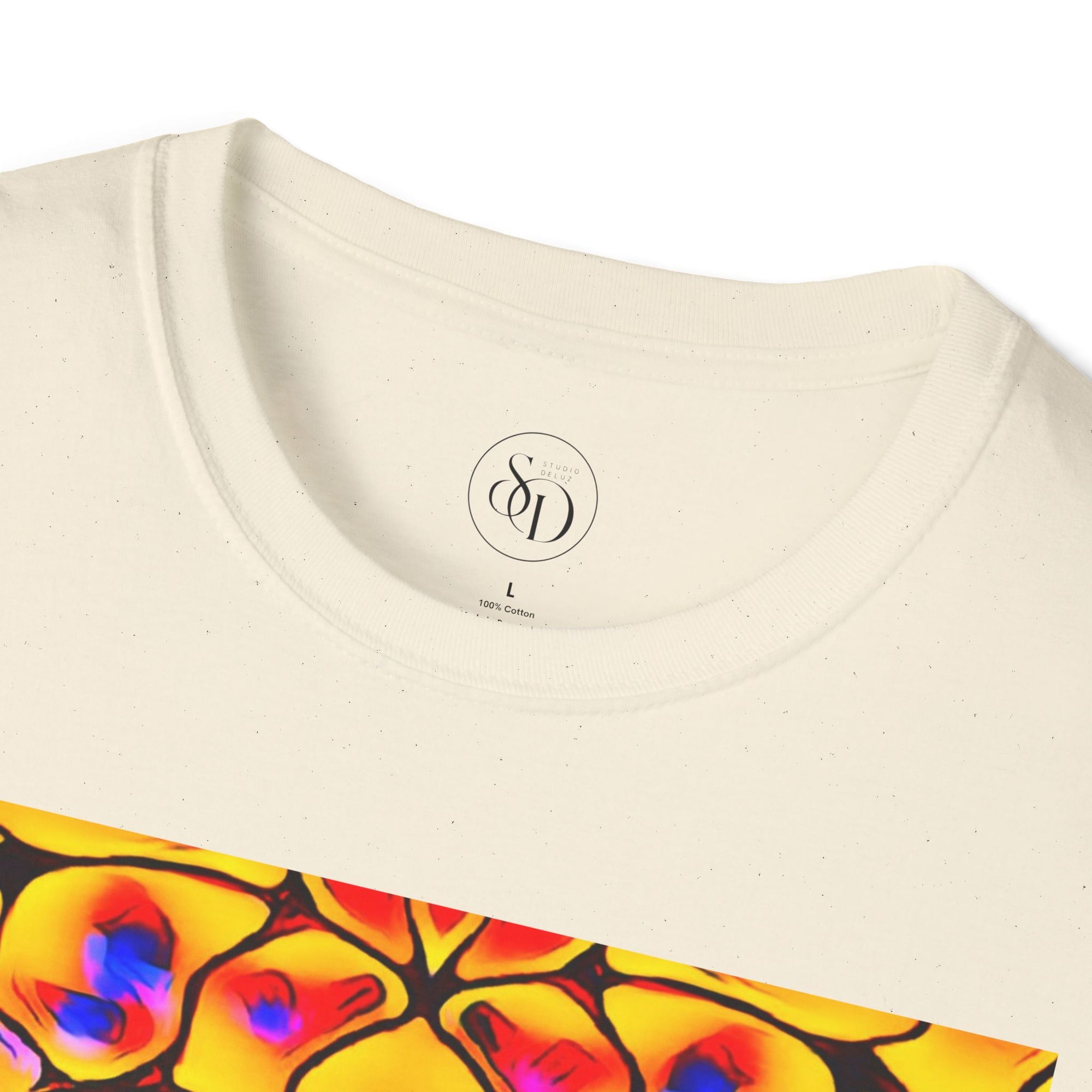 Energetic cotton t-shirt with vivid abstract design, radiates color, power, and inner fire