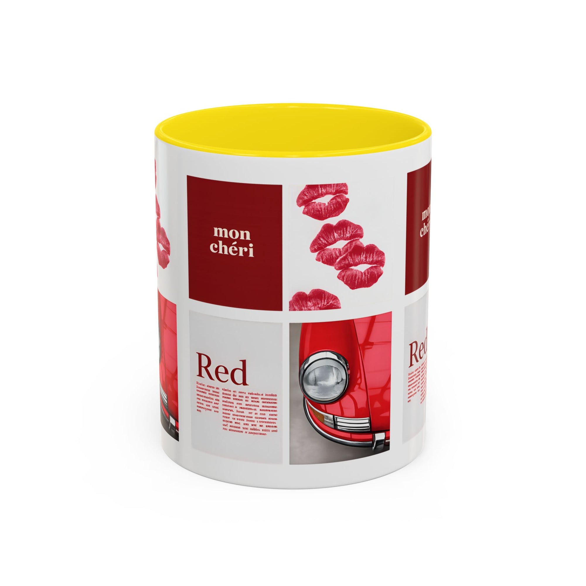 Red Mug | Vintage Car & Kiss Print Coffee Cup | Colorful Ceramic