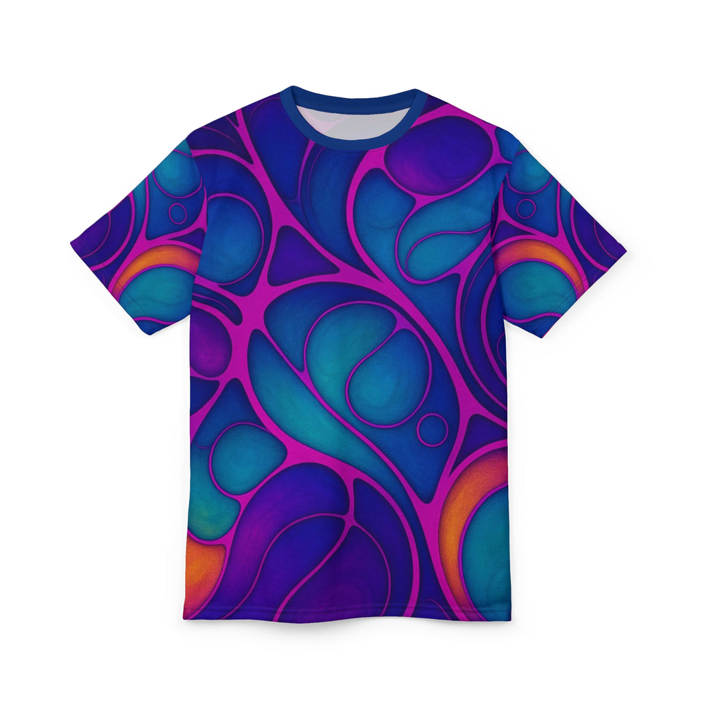 Cosmic Cell Abstract Unisex Tee | Vibrant Turquoise & Purple All-Over Print Shirt