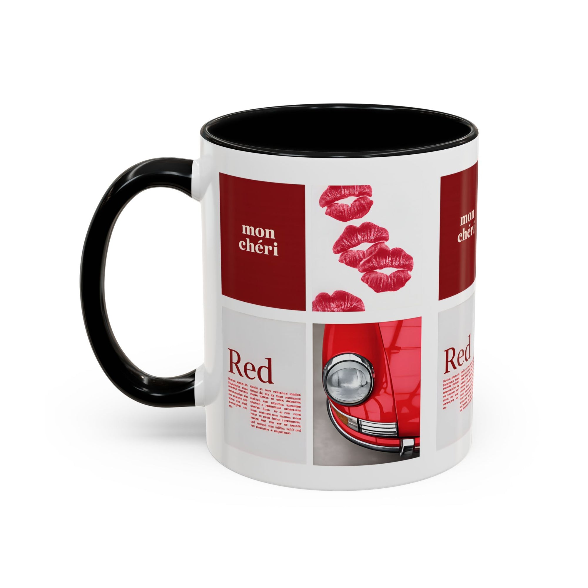 Red Mug | Vintage Car & Kiss Print Coffee Cup | Colorful Ceramic