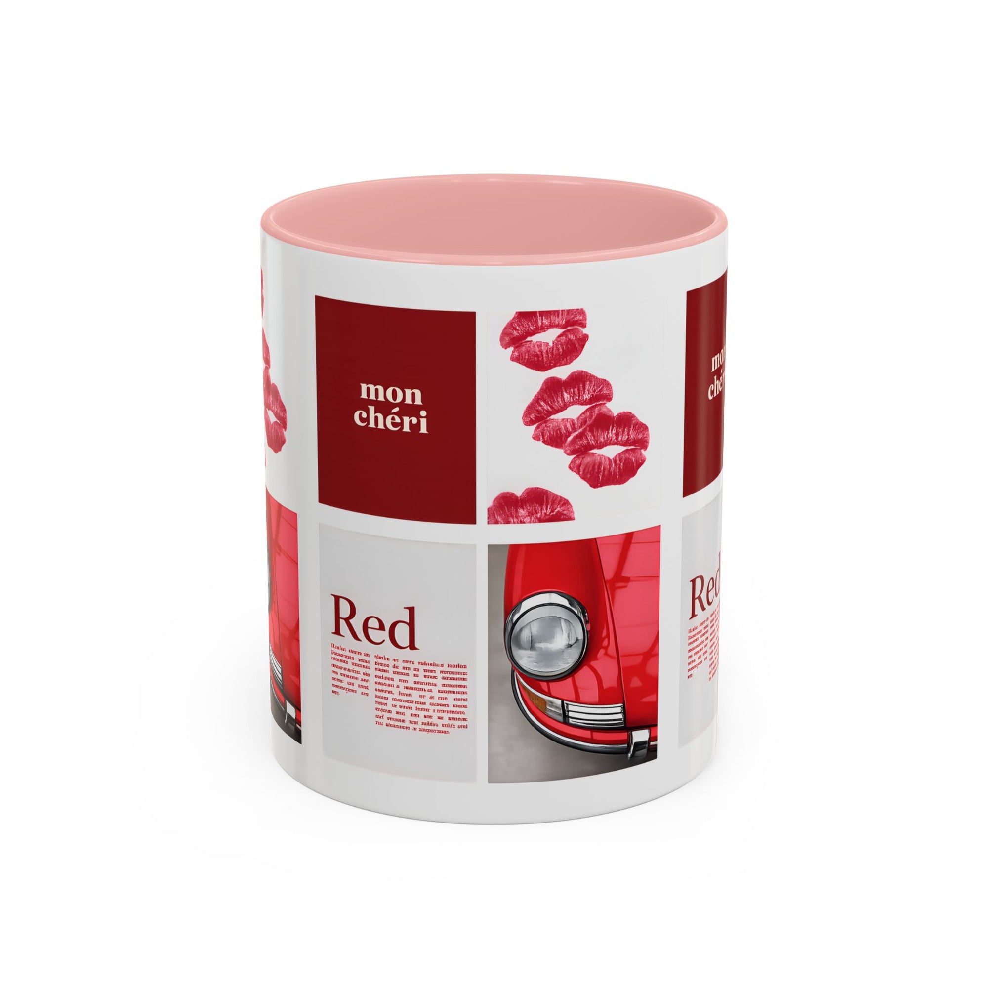 Red Mug | Vintage Car & Kiss Print Coffee Cup | Colorful Ceramic