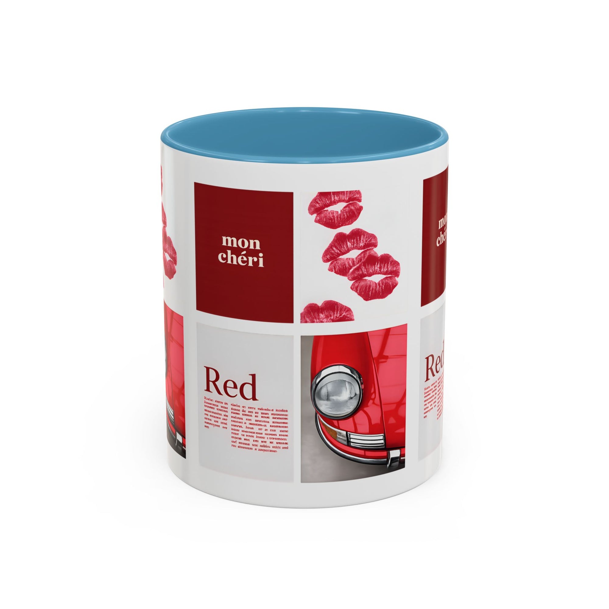 Red Mug | Vintage Car & Kiss Print Coffee Cup | Colorful Ceramic