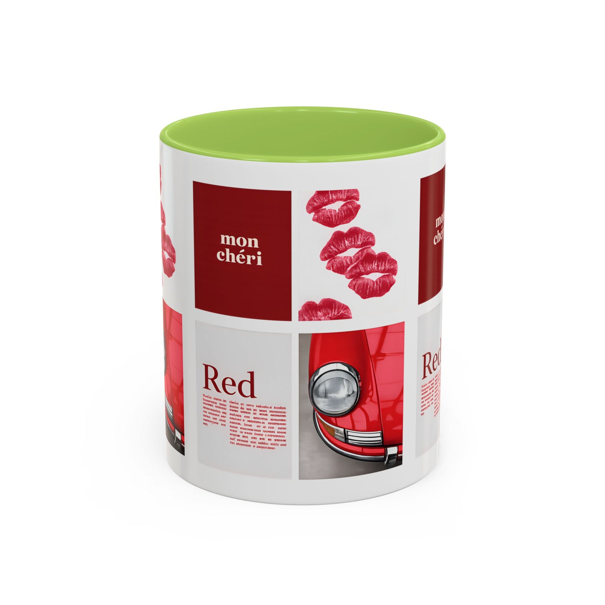 Red Mug | Vintage Car & Kiss Print Coffee Cup | Colorful Ceramic