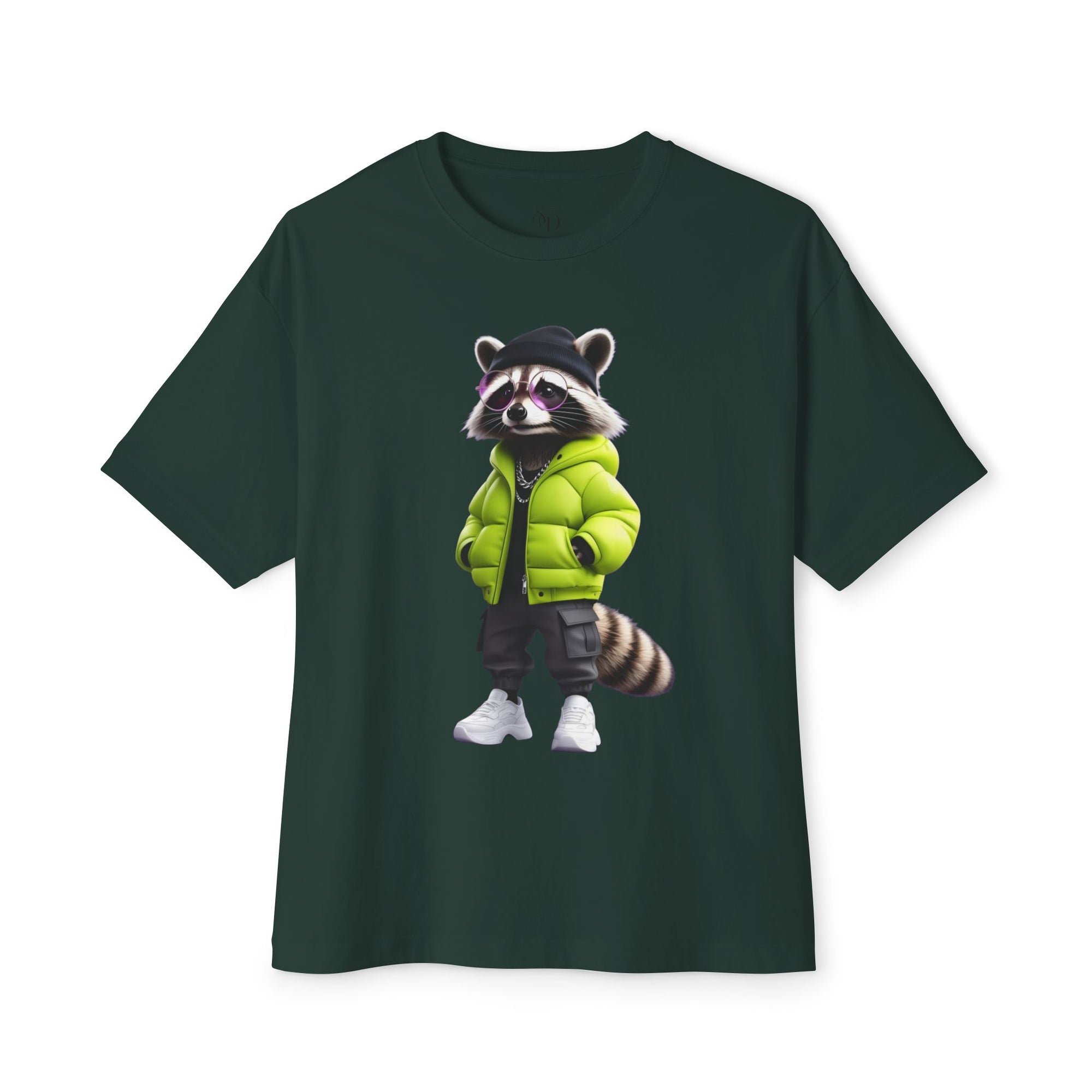 Raccoon Streetwear Tee — Green Puffer Jacket Graphic Oversized T-Shirt