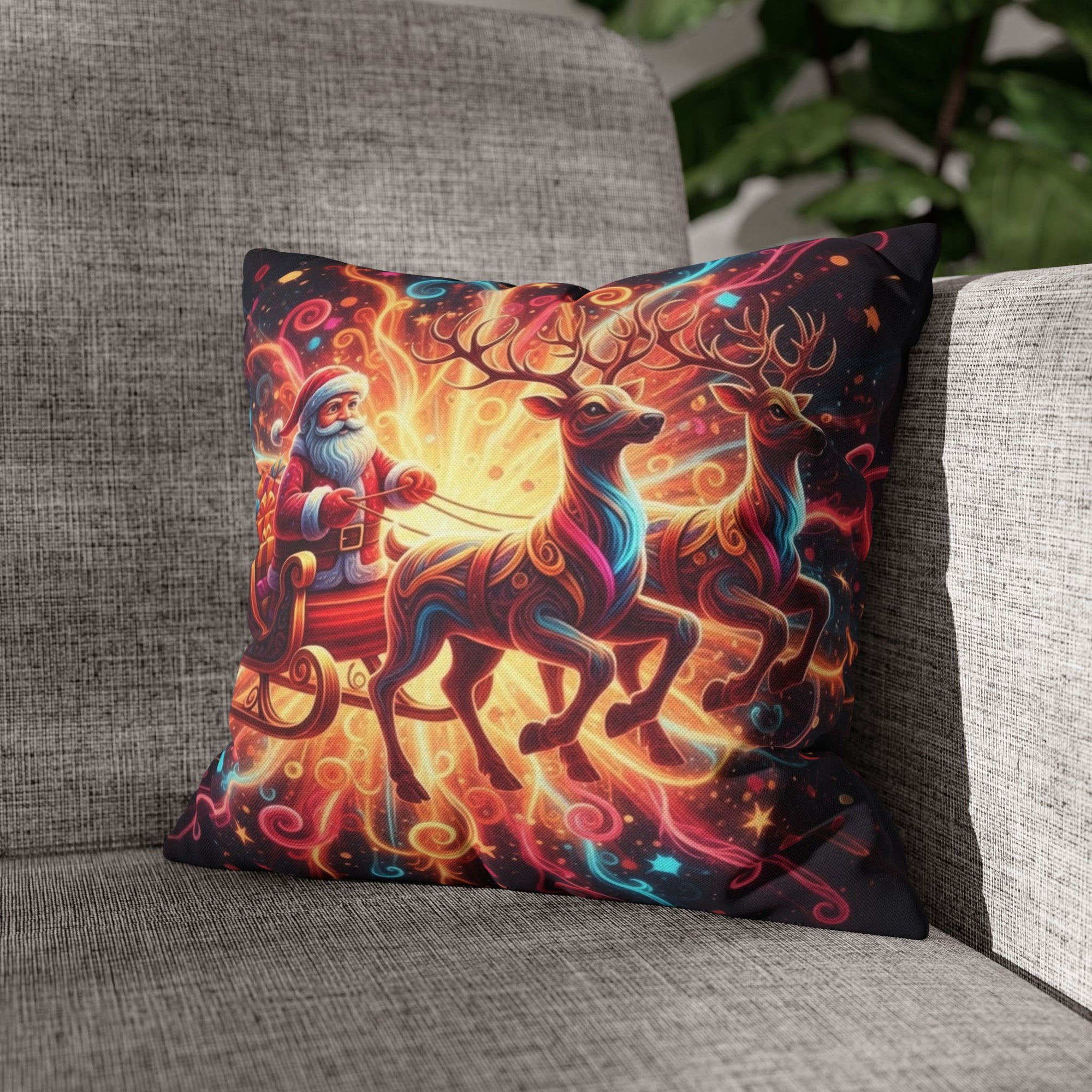 Santa Sleigh Throw Pillow | Christmas Reindeer Cushion