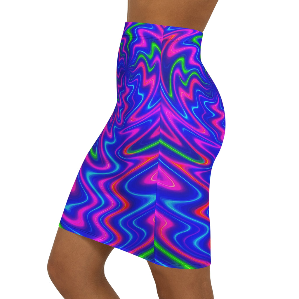 Electric Neon Swirl Mini Skirt | Trippy Pink & Blue Bodycon | Vibrant Festival Wear