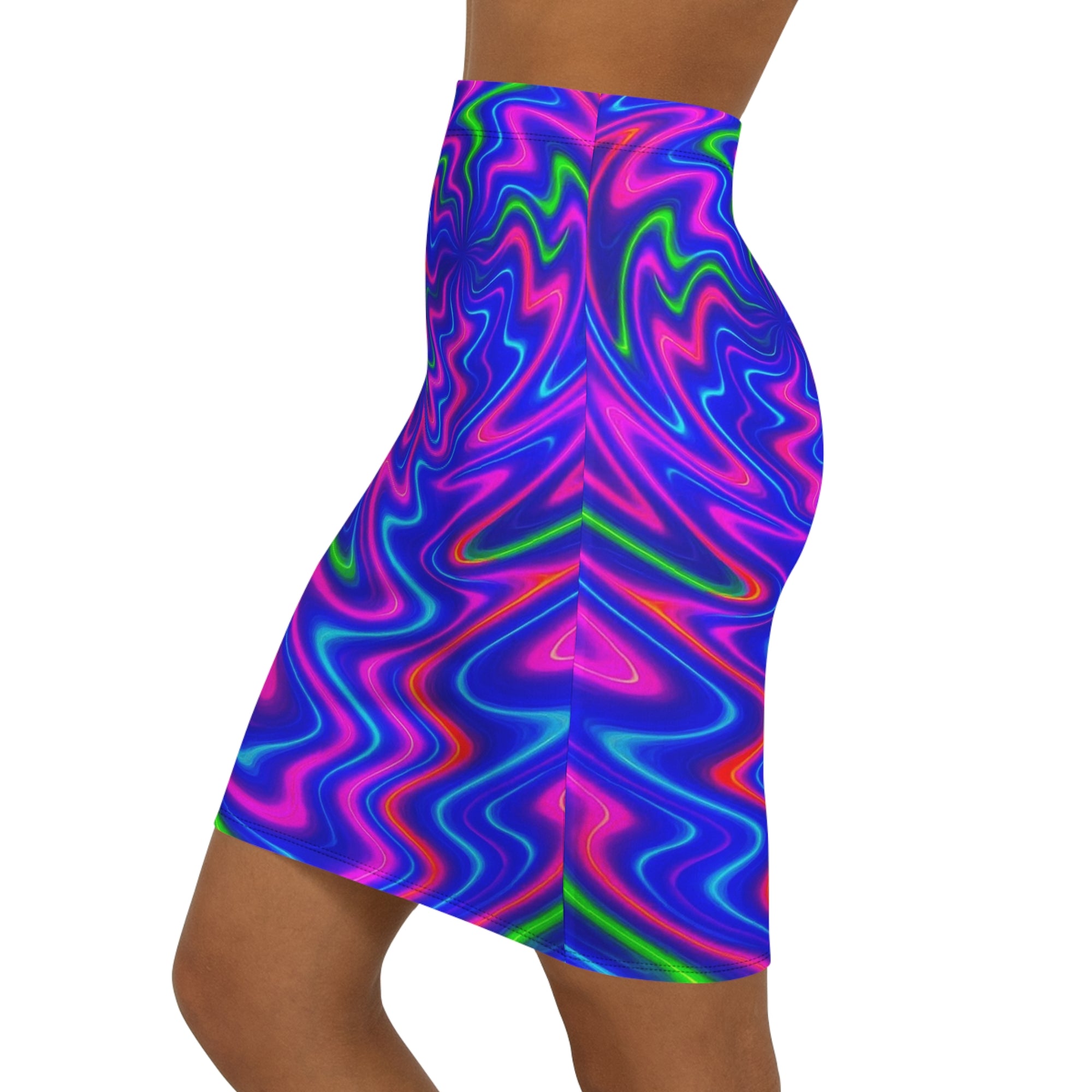 Electric Neon Swirl Mini Skirt | Trippy Pink & Blue Bodycon | Vibrant Festival Wear