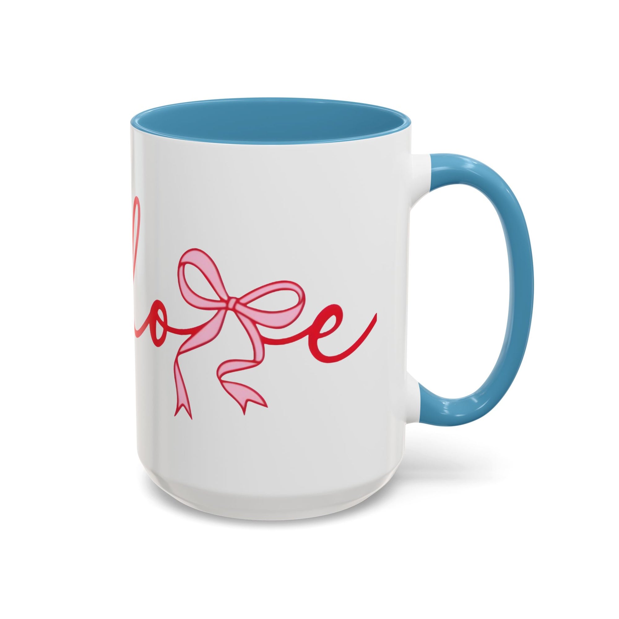 Romantic Love Mug | White Ceramic Coffee Cup with Red Bow Design, Colored Handle