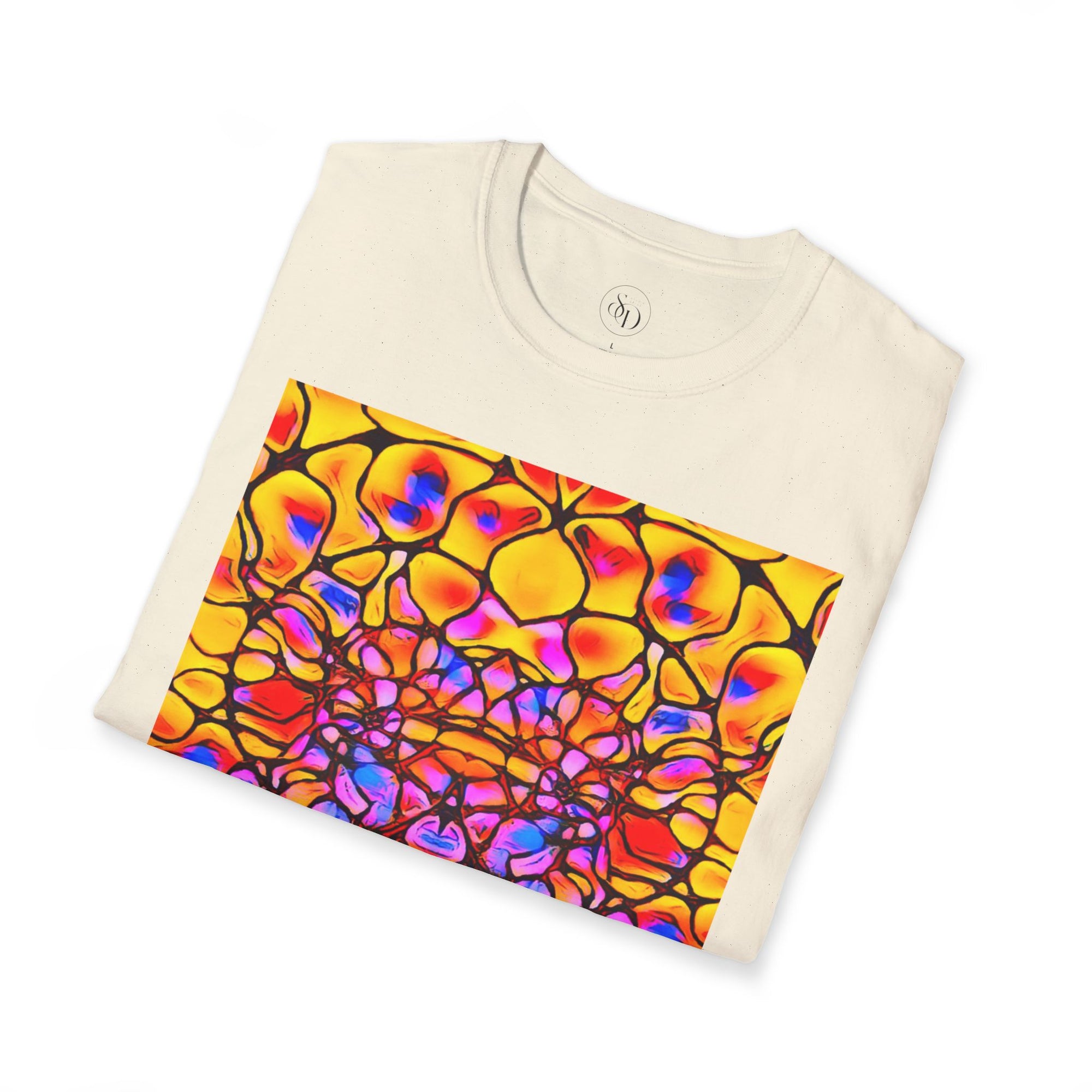 Energetic cotton t-shirt with vivid abstract design, radiates color, power, and inner fire