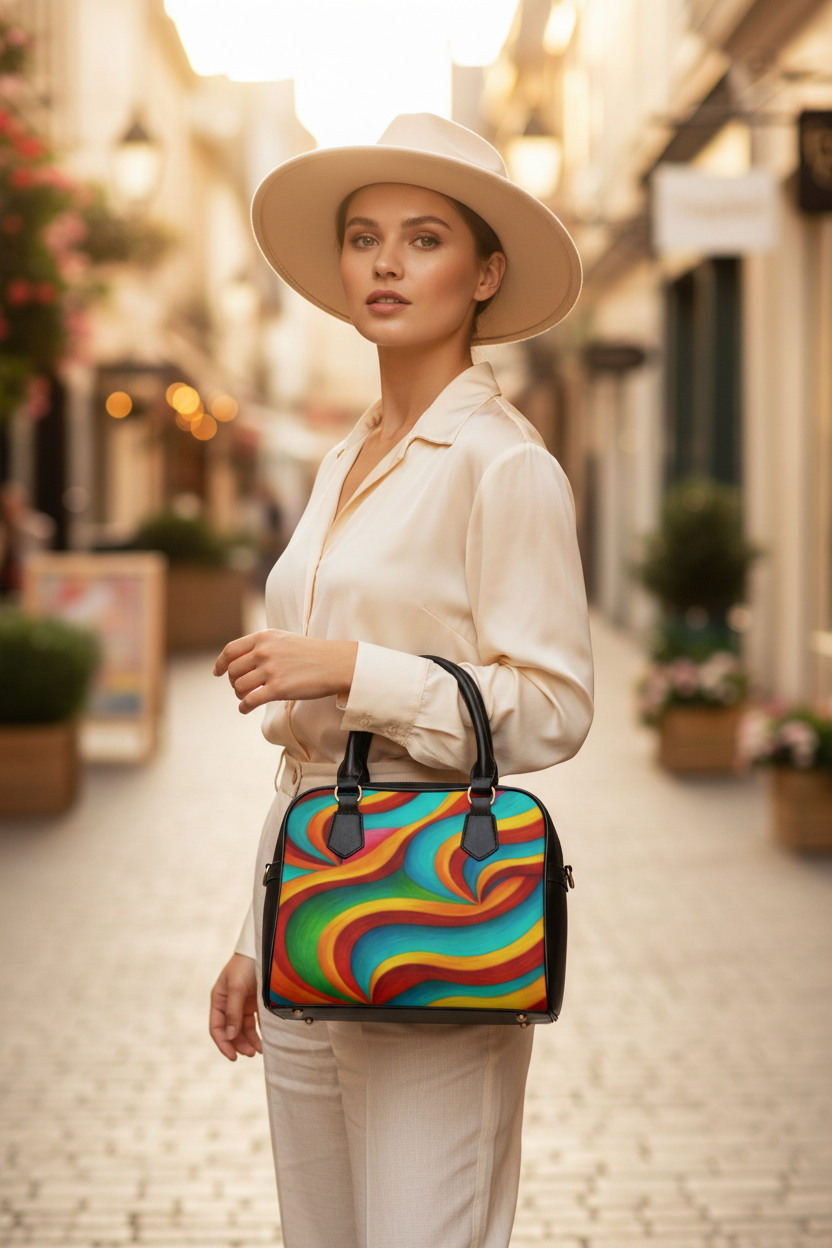 Retro Rainbow Swirl Handbag | Colorful Vintage Style Shoulder Bag