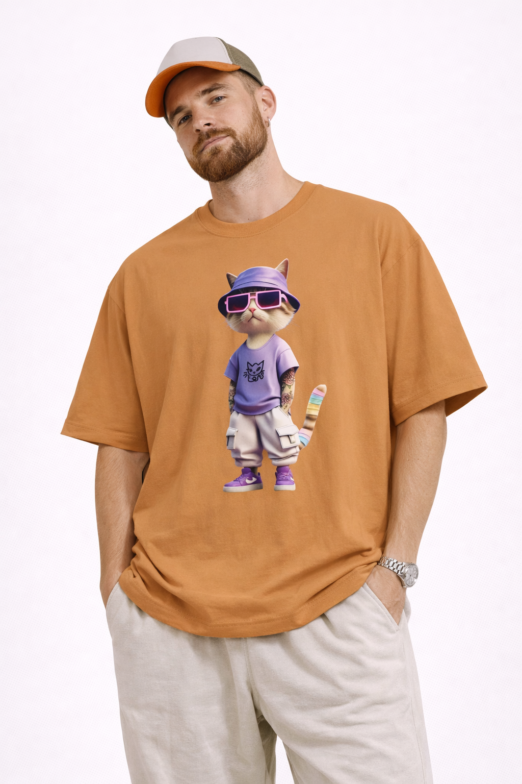Cool Cat Graphic Oversized Tee – Purple Bucket Hat Streetwear T-Shirt