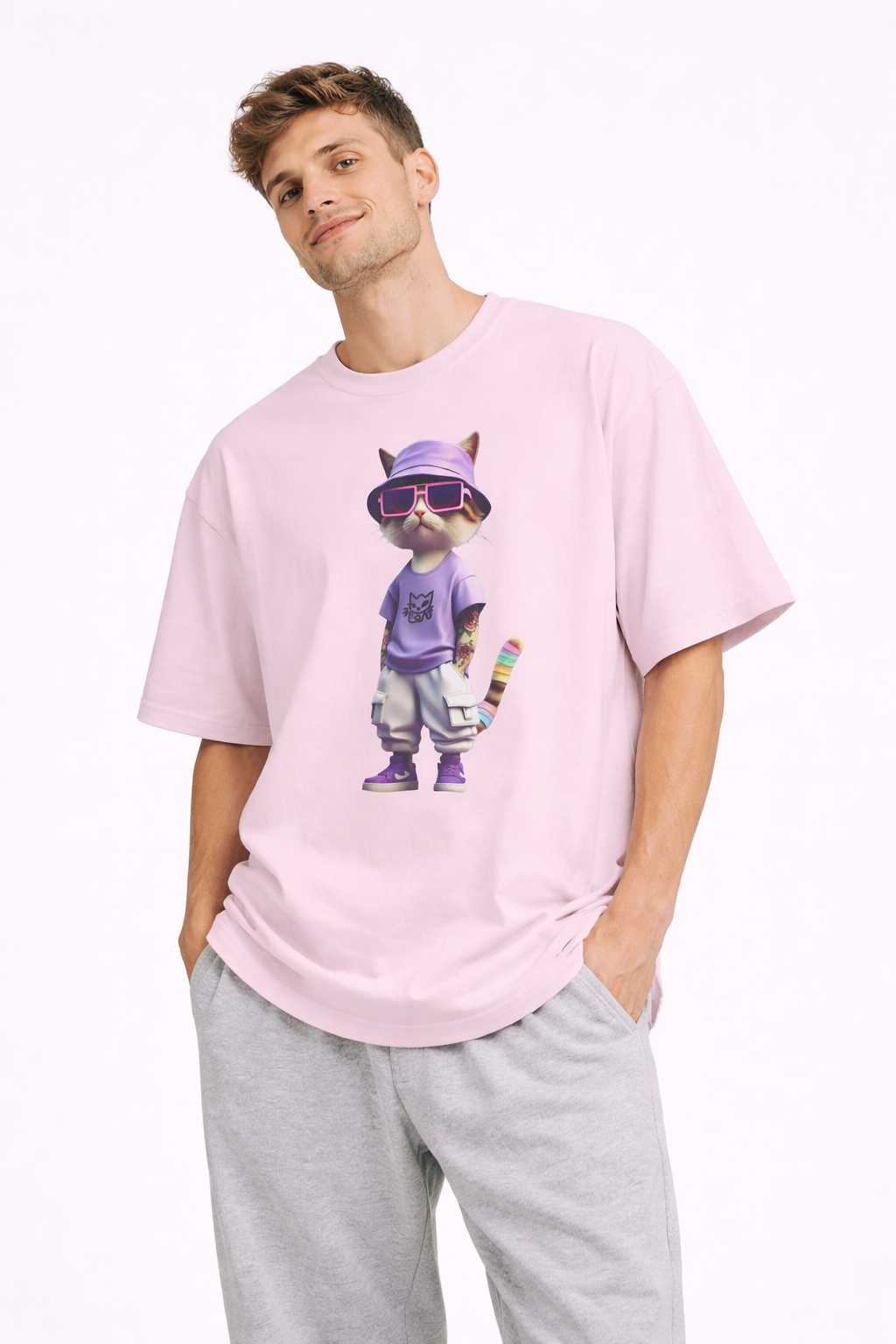 Cool Cat Graphic Oversized Tee – Purple Bucket Hat Streetwear T-Shirt