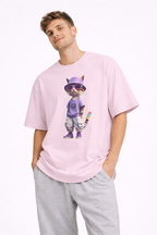 Cool Cat Graphic Oversized Tee – Purple Bucket Hat Streetwear T-Shirt