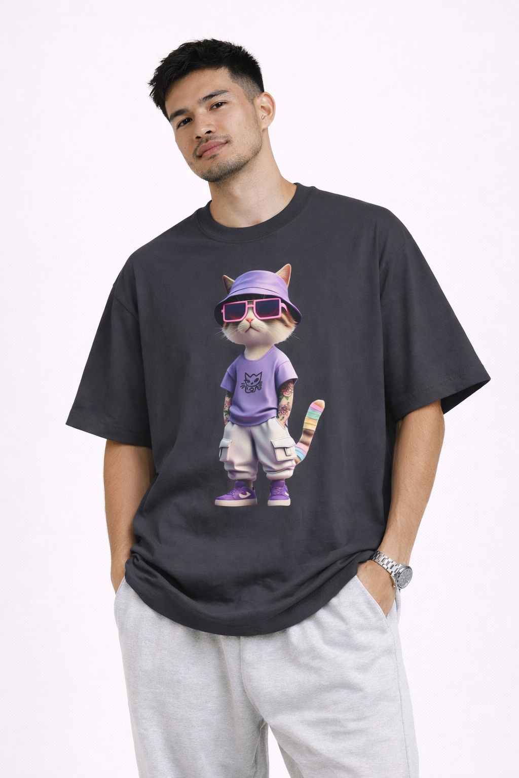 Cool Cat Graphic Oversized Tee – Purple Bucket Hat Streetwear T-Shirt