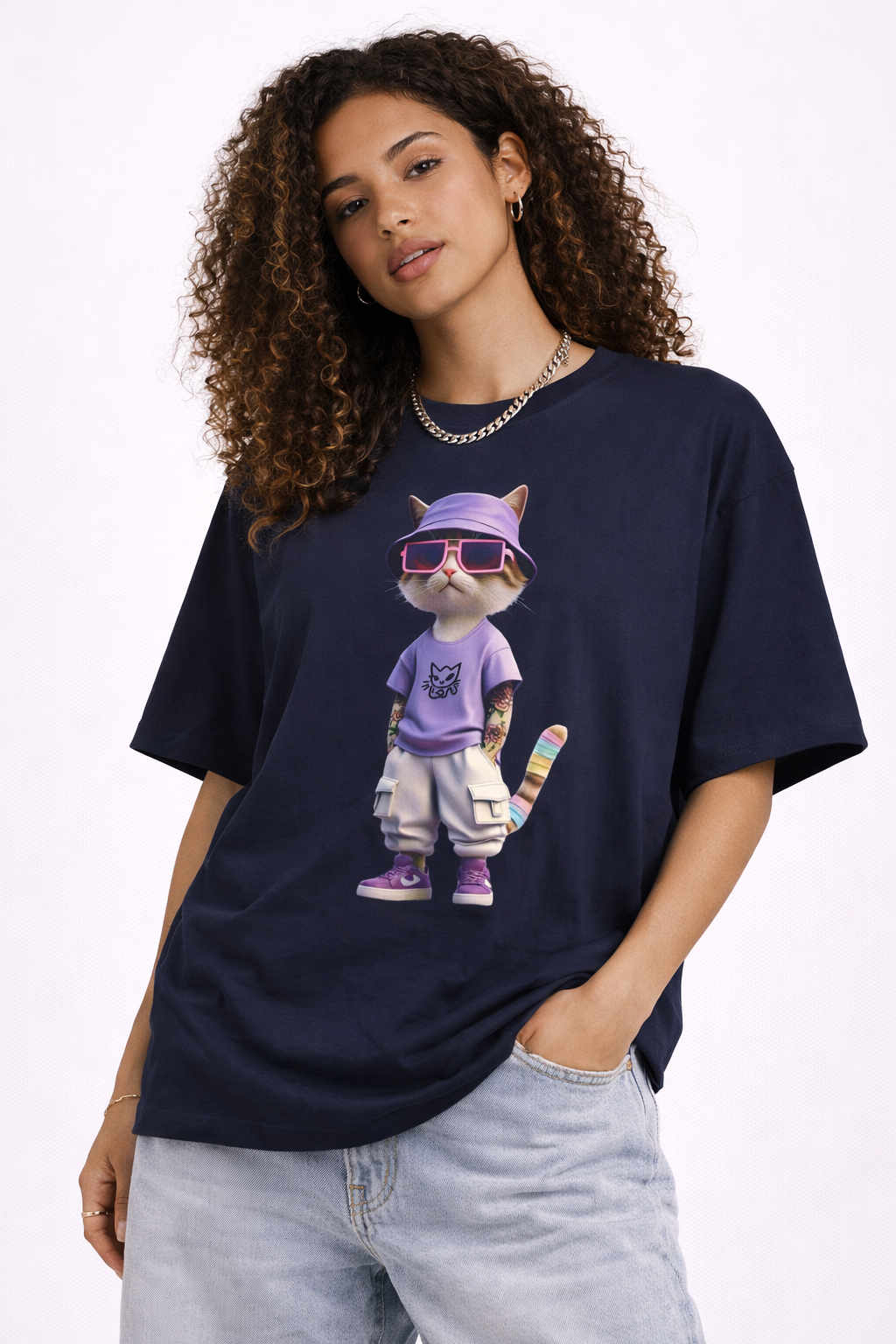 Cool Cat Graphic Oversized Tee – Purple Bucket Hat Streetwear T-Shirt